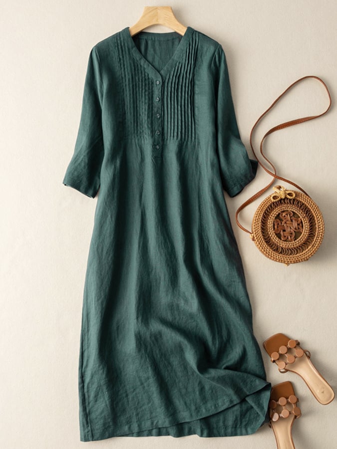 Lovevop Women's Cotton Linen V-Neck Pleated Maxi Dress - Casual Summer Boho Flowy Dress for Beach, Vacation & Everyday Wear