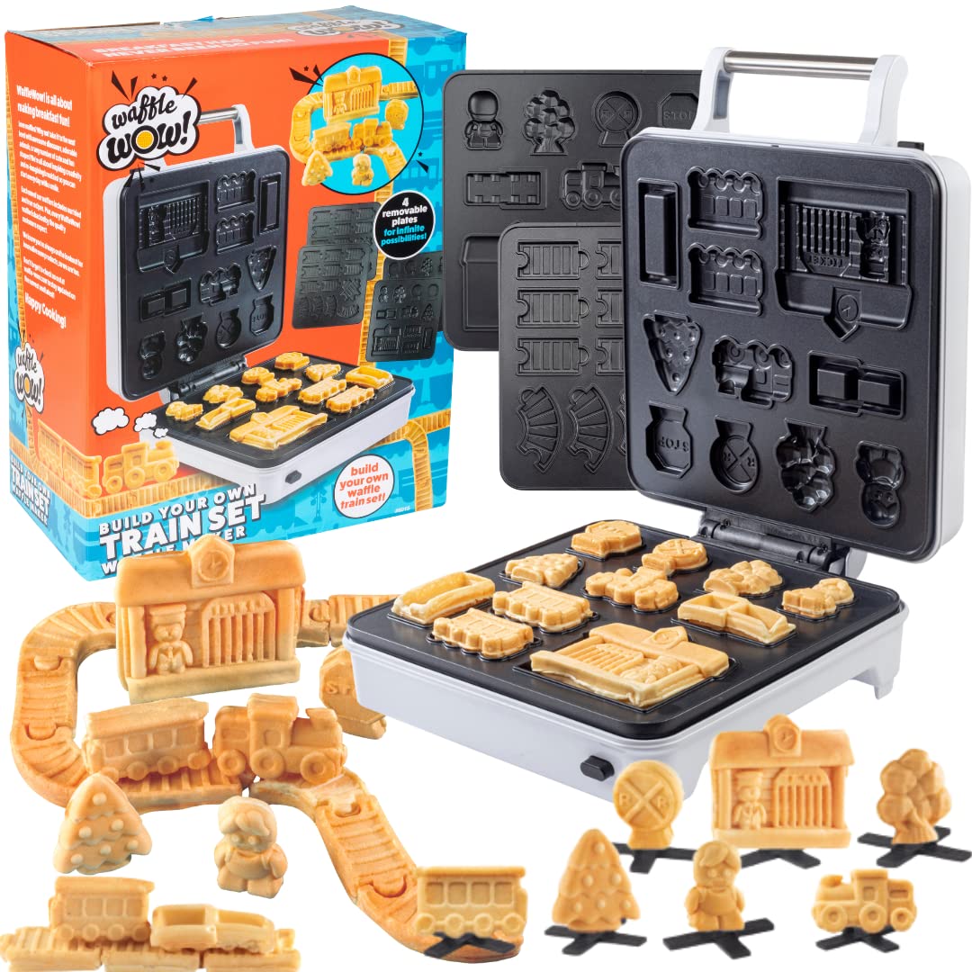 Electric Train Set Waffle Maker - Nonstick Waffle Iron with 4 Removable Dishwasher-Safe Plates for Fun Family Breakfast - Create Train-Shaped Waffles, Pancakes & Tracks - Includes Recipes - Perfect Kids Gift for Birthday & Holiday Breakfast