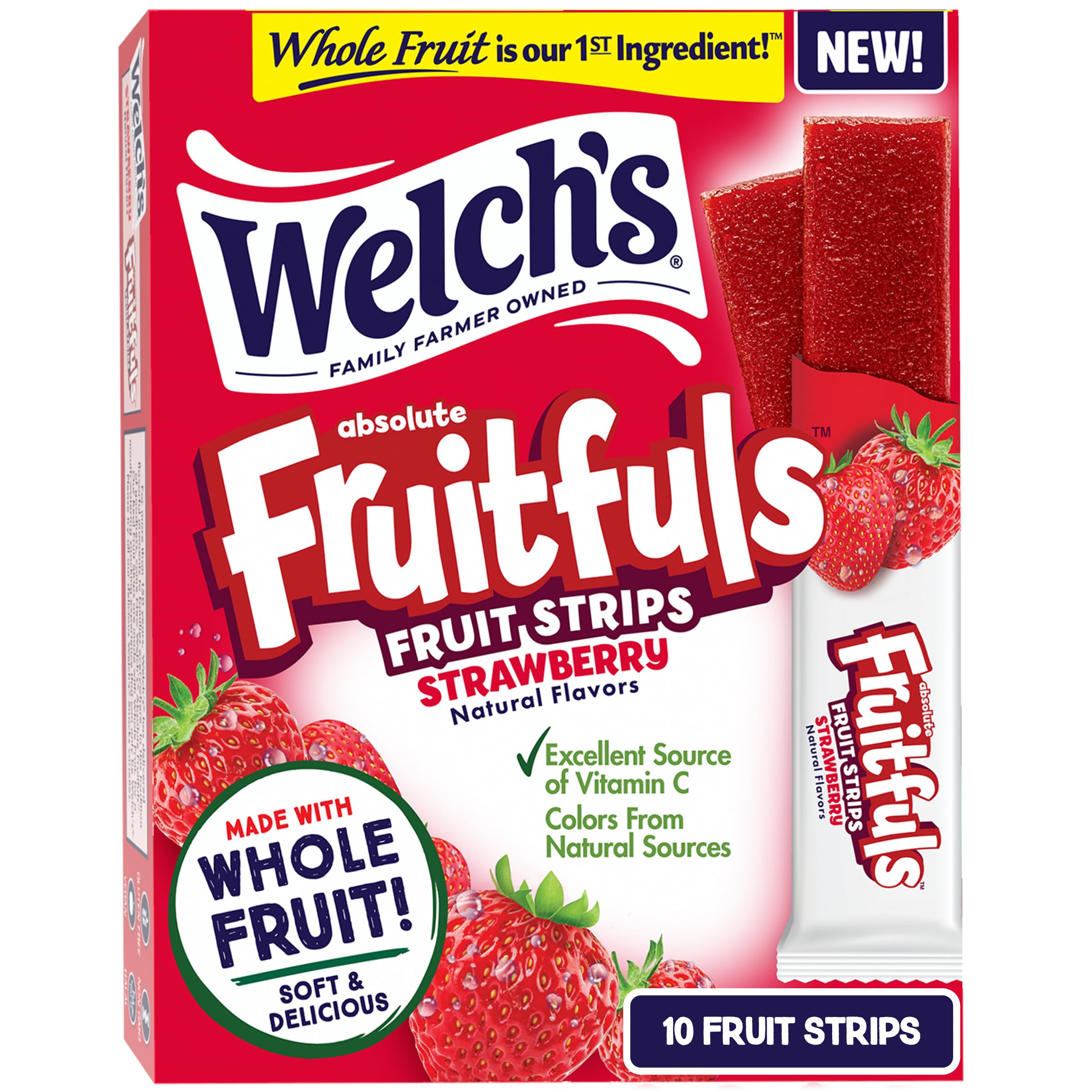 Welch's Absolute Fruitfuls Strawberry Fruit Strips - Healthy Dried Fruit Snacks for Kids & Adults, 0.5oz (10 Pack) - Perfect for School Lunches, Hiking, Office Snacks & On-the-Go Energy