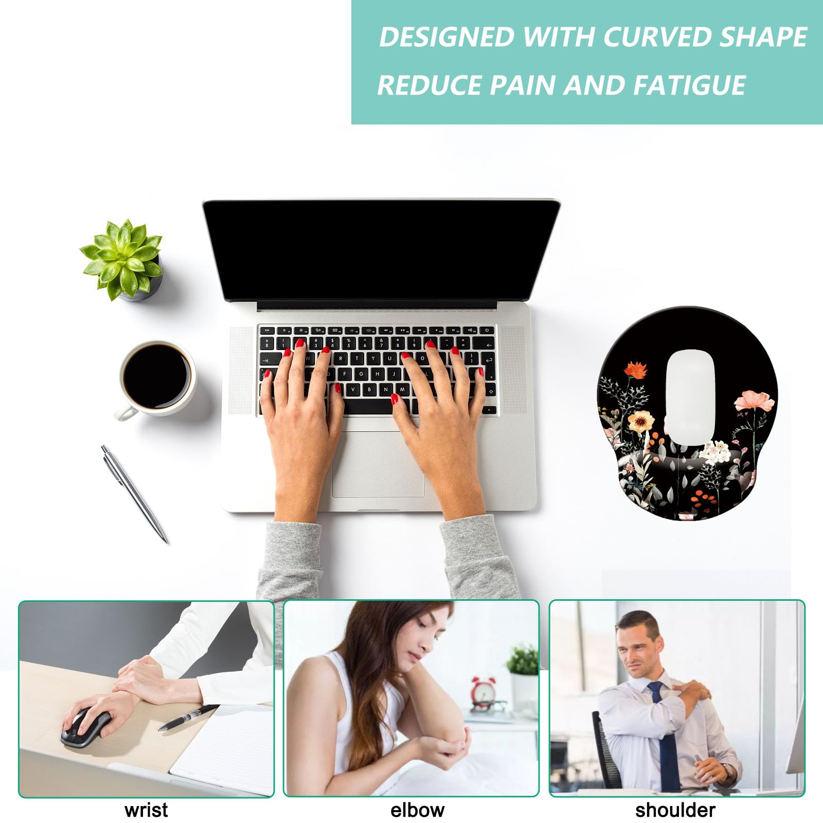 Ergonomic Mouse Pad with Memory Foam Wrist Support - Non-Slip Rubber Base Gaming Mouse Pad for Computer & Laptop - Perfect for Office, Home & Gaming (Flower Black Design)