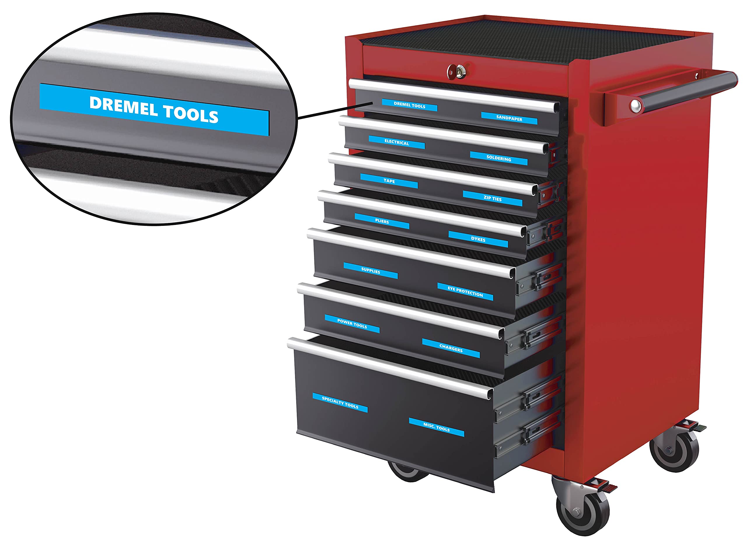 66-Piece Magnetic Tool Labels Set - Bold, Durable & Easy-to-Read Tool Organization Magnets for Workshop & Garage (0.5”H x 4.5”W, Cyan) by DCM Solutions - Perfect for Toolbox, Pegboard & Metal Cabinets Organization