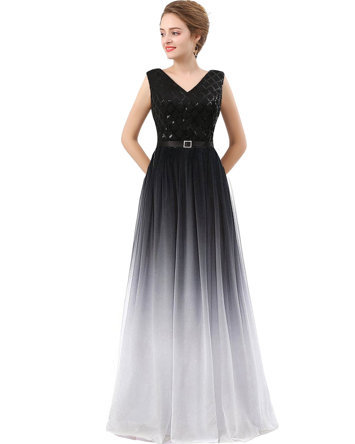 Lemai V Neck Long Sequined Chiffon A Line Corset Prom Evening Dresses for Women - Elegant Formal Gowns for Homecoming, Wedding Guest & Special Occasions