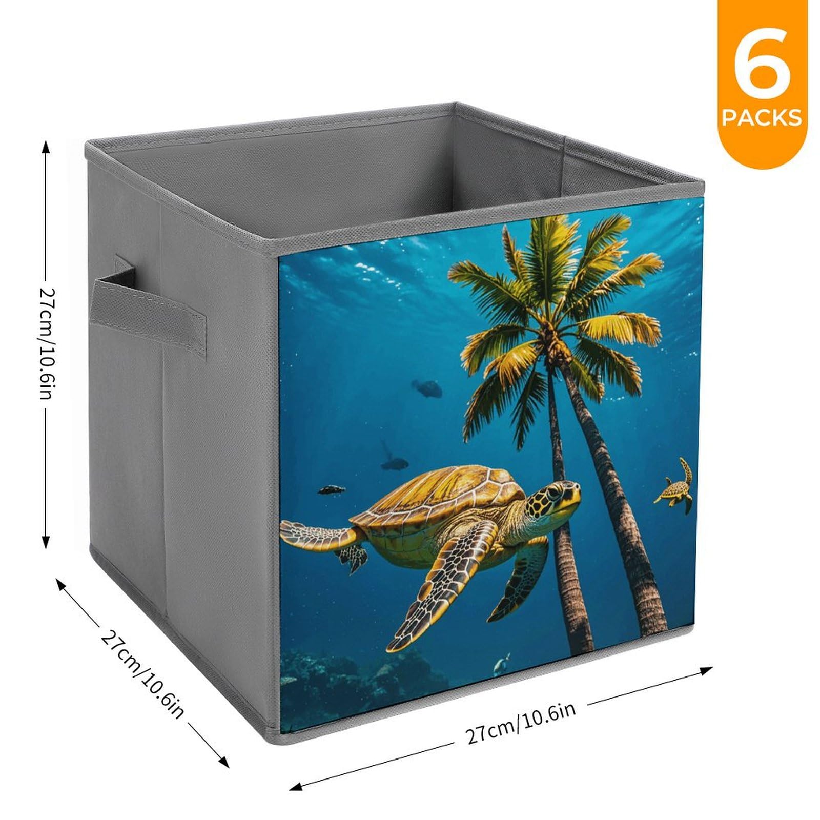 6-Piece Collapsible Storage Bins with Handles - Tropical Palm Trees & Sea Turtles Underwater Print - Multi-Functional Organizing Boxes for Home, Closet, Bathroom & Office Storage Solutions