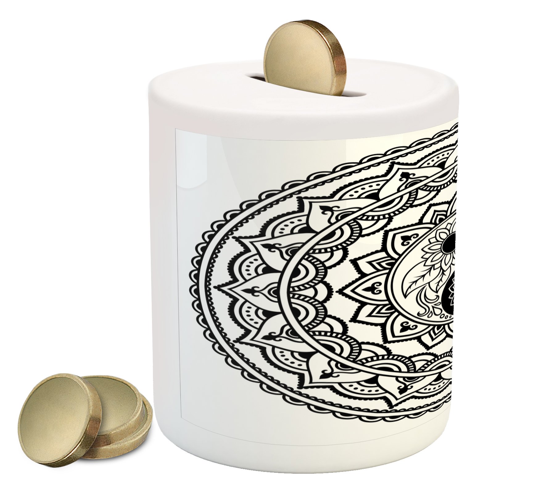 Ambesonne Yin Yang Piggy Bank - Ceramic Money Box with Ornate Lace Blossom Patterns, Far Eastern Inspired Design for Cash Savings | Perfect Gift for Kids, Teens & Feng Shui Enthusiasts (Black & White)