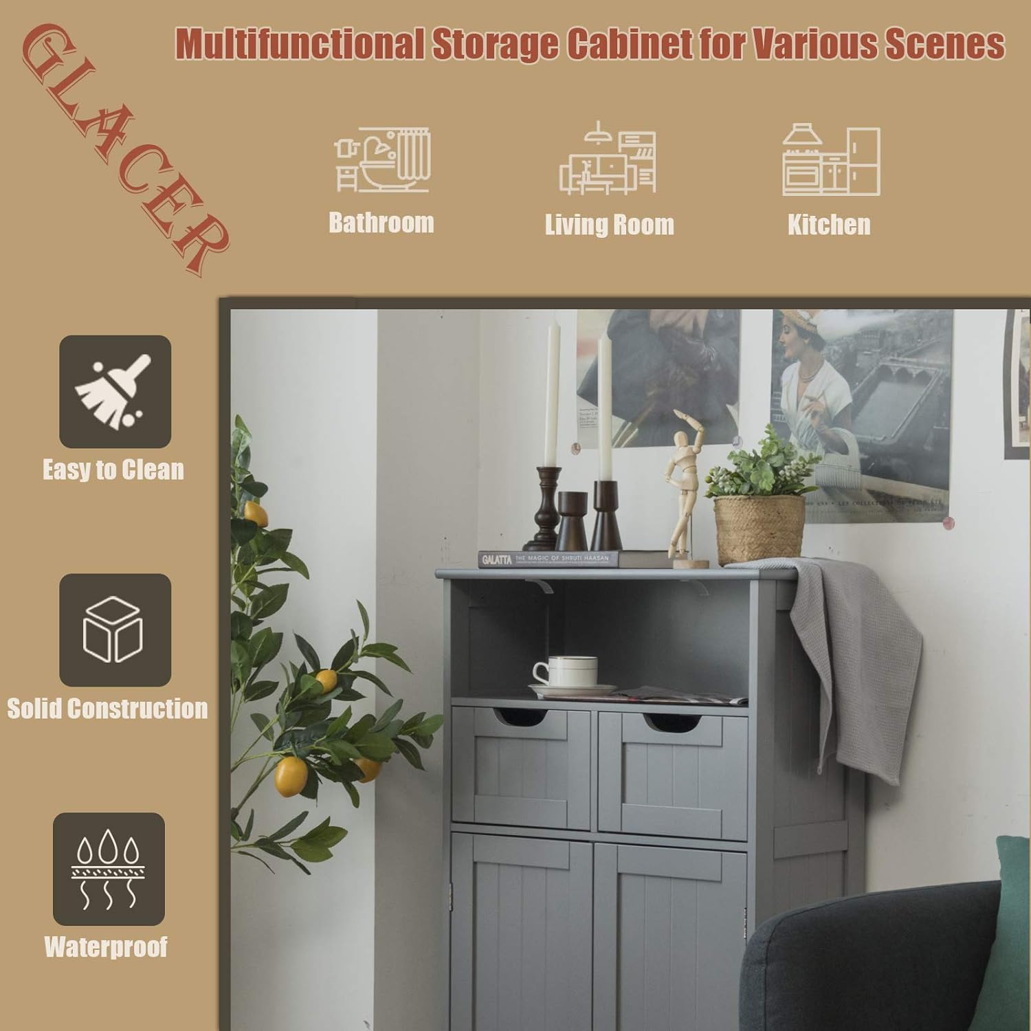 GLACER Multifunctional Floor Storage Cabinet with Removable Drawers & Adjustable Shelf - 24x12x43 Inches, Grey - Perfect for Bathroom Organization, Living Room Decor, Kitchen Storage & Entryway Solutions
