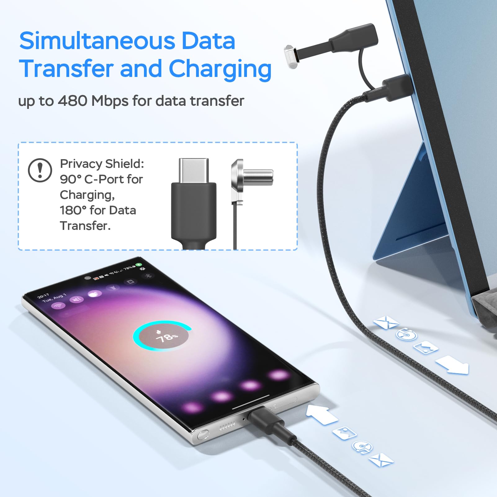 60W USB C Charger Cable 6ft - Fast Charging & High-Speed Data Transfer - Detachable Type C Cable with 90° Flat C-Port - Compatible with Samsung S23/S22/S21, iPhone 15 Pro/Pro Max, MacBook Air/Pro - Perfect for Home, Office & Travel Charging