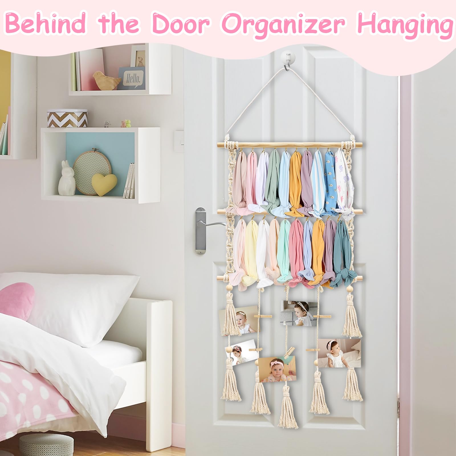 Girls Hair Bow Organizer - Baby Headband Holder with 20 Iron Hooks & 15 Wooden Clips | Boho Nursery Wall Decor for Toddler Girls Room | Perfect for Organizing Hair Accessories and Decorating Kids Bedroom