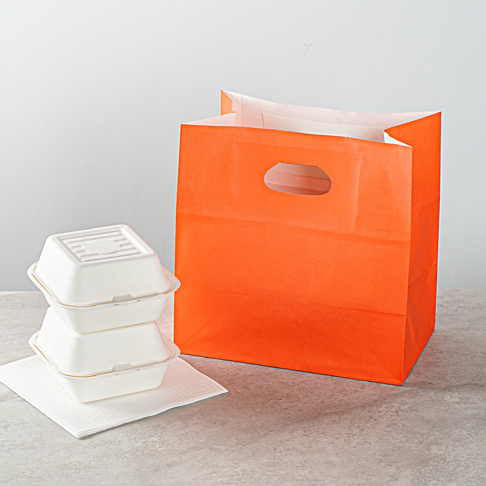 Eco-Friendly Rectangle Tangerine Orange Paper Take Out Bags with Handles - 11 x 7 x 11 Inches (100 Count) - Perfect for Restaurants, Cafes & Catering Businesses