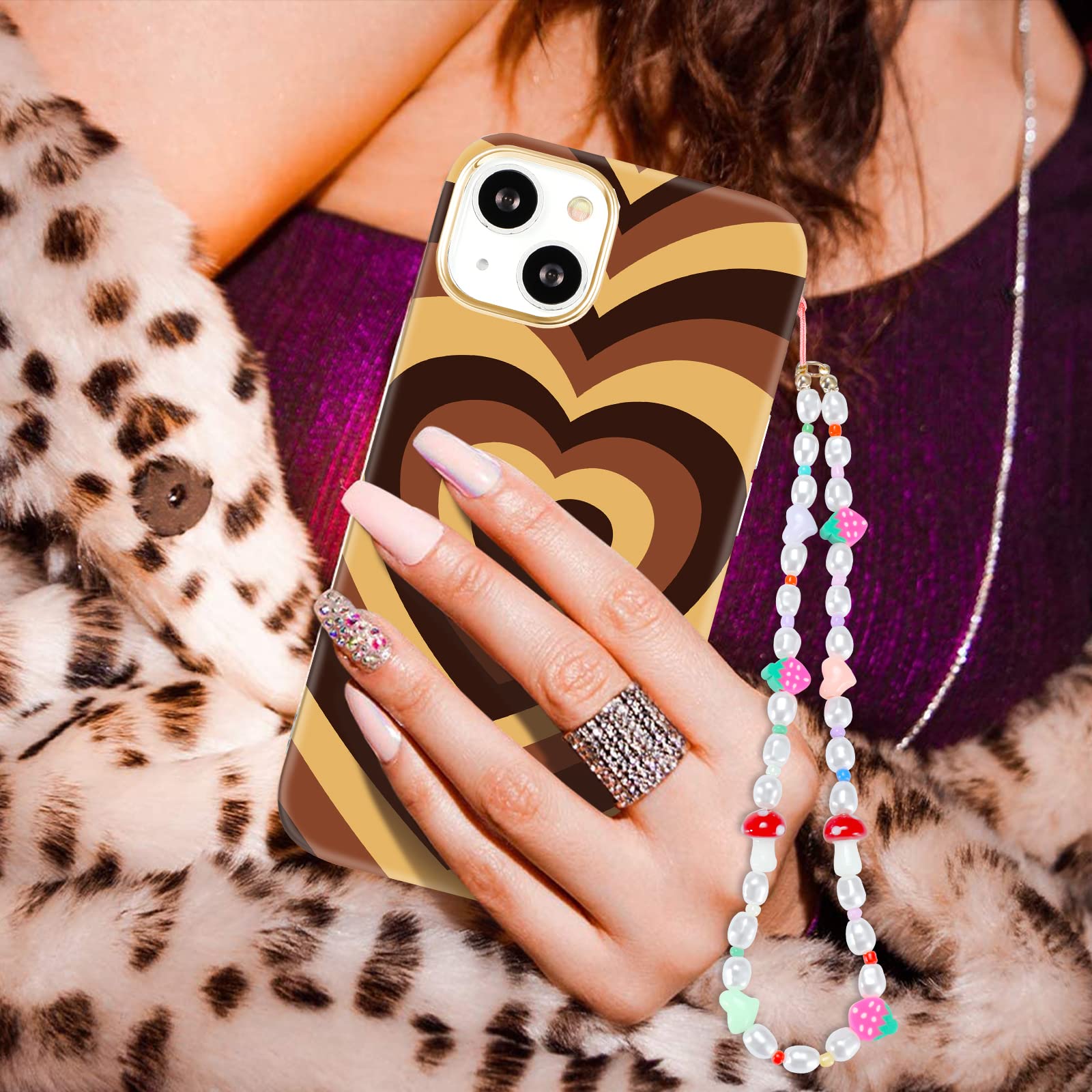 4-in-1 Heart Pattern iPhone 13 Case (6.1 inch) - Cute Aesthetic Phone Cover with Camera Protector, Screen Protector & Chain for Women | Trendy Brown Swirl Design | Perfect Gift for Girlfriends, Teens & Trendy Fashion Lovers (Ideal for Everyday Use, Parties & Photo Shoots)