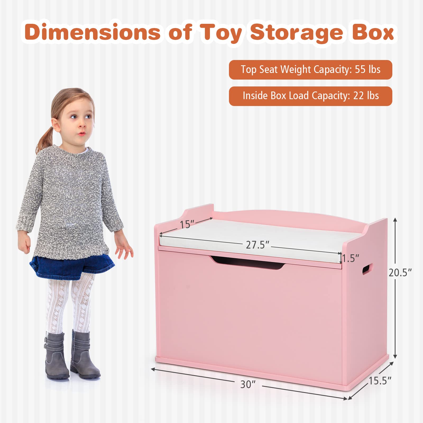 Costzon Kids Wooden Toy Storage Chest with Bench Seat - Safe Finger-Pinch Prevention Lift-Top Design, Multi-Functional Toy Box Organizer for Bedroom, Playroom & Nursery - Pink (Perfect for Toy Storage, Kids Room Decor & Entryway Seating)