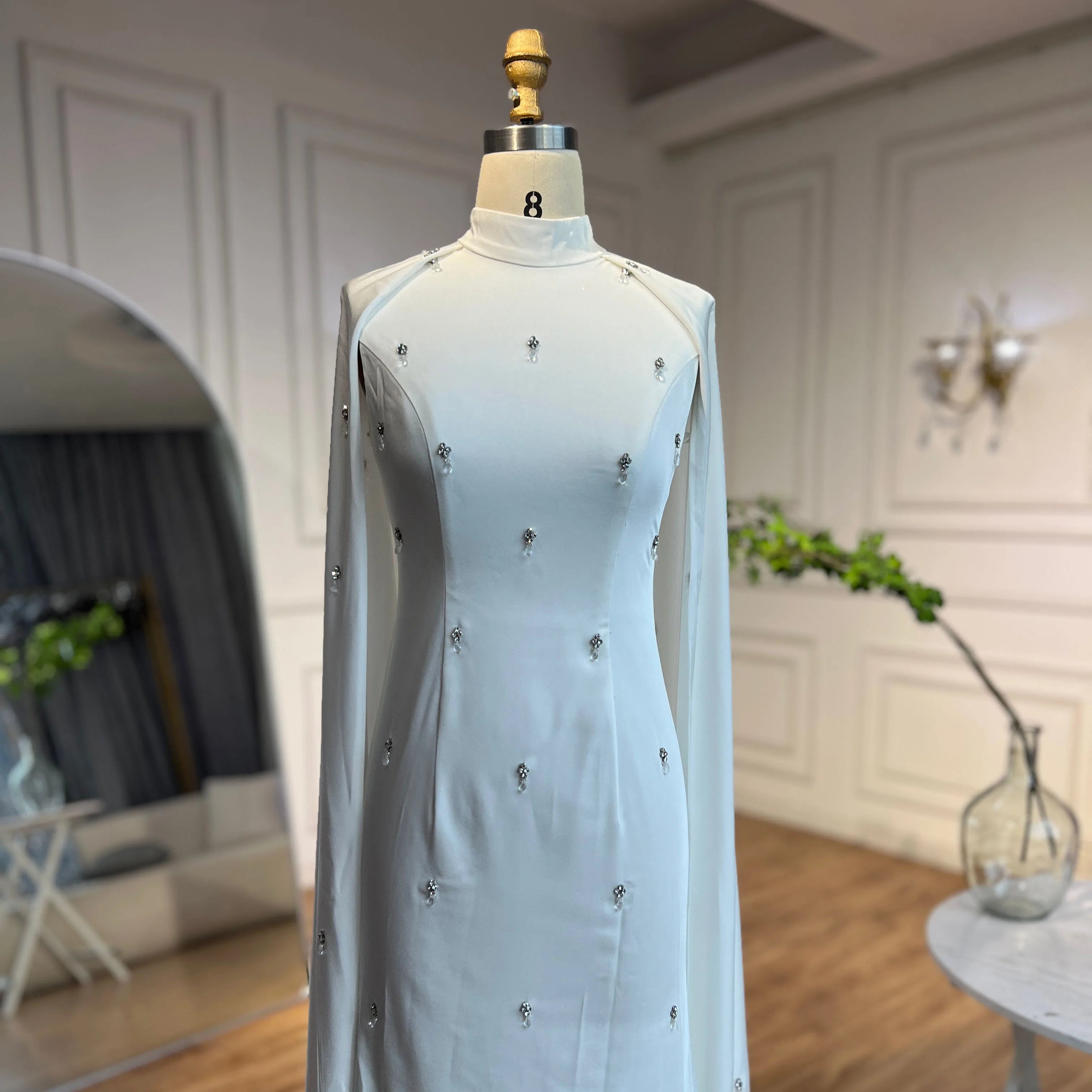 Elegant Arabic White Hijab with Beaded Satin Mermaid Long Cloak - Dubai Evening Dress Gown for Women - Perfect for Parties, Weddings & Special Occasions