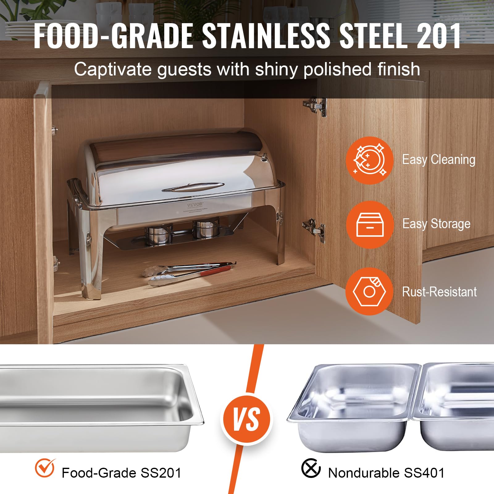 VEVOR 9 Qt Stainless Steel Roll Top Chafing Dish Buffet Set with Full Size Pan, Rectangle Catering Warmer with Lid, Water Pan Stand & Fuel Holder - Perfect for Buffets, Catering Events, Wedding Receptions & Serving 9+ People