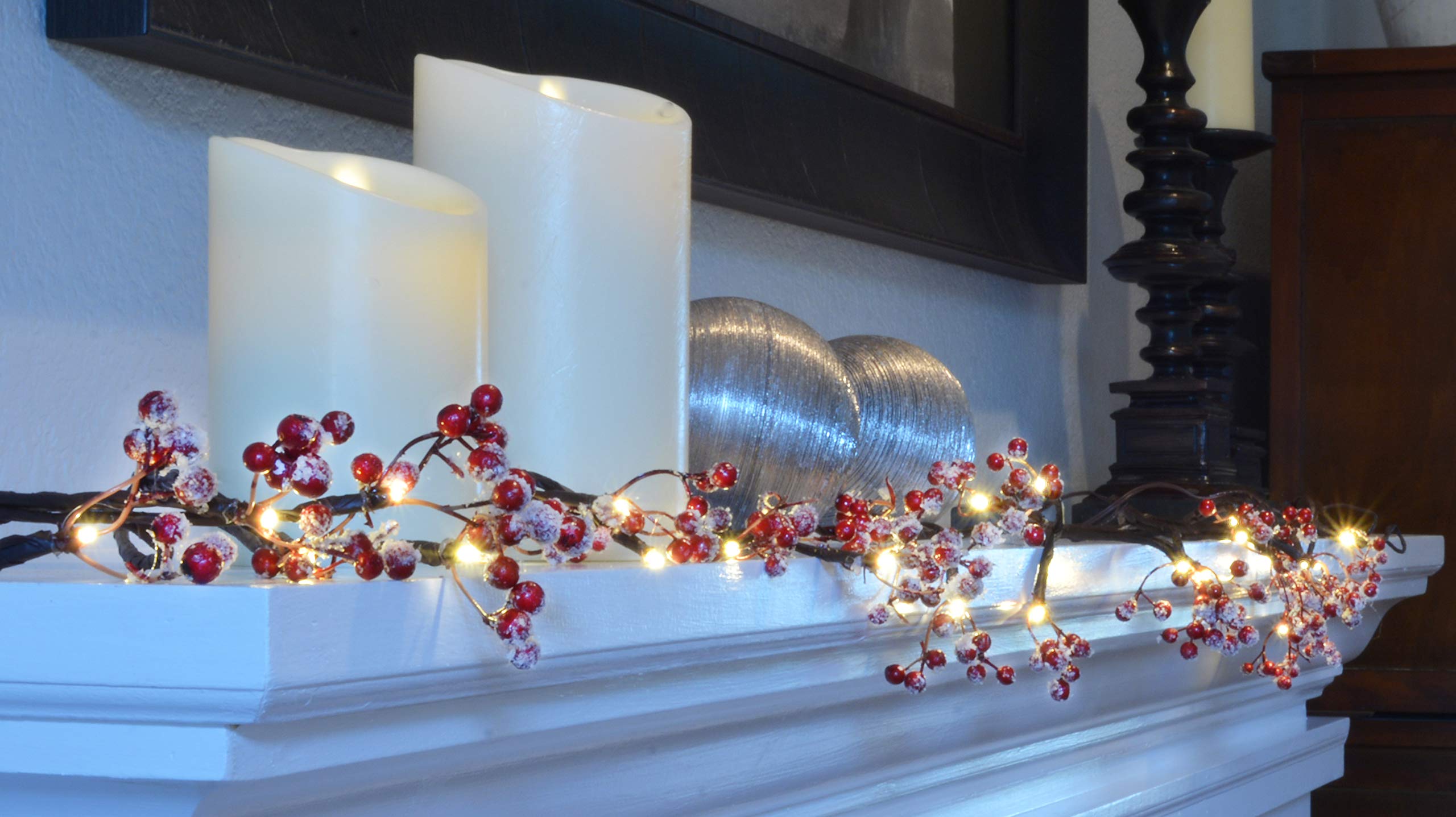 6 Foot Battery Operated Winter Berry Garland with Timer - Frosted Snowy Artificial Berries for Indoor Christmas Decor, Holiday Mantel, Fireplace & Window Decorations
