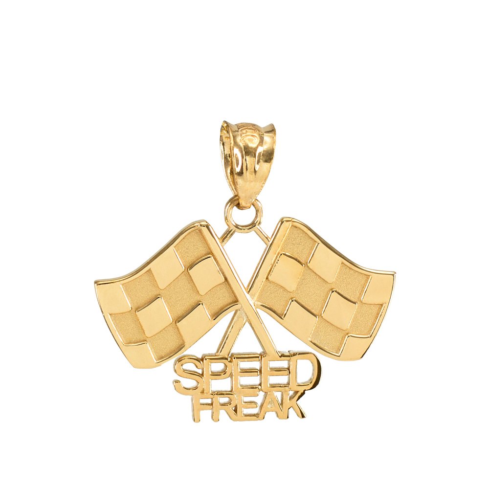 14K Yellow Gold Racing Flags Charm Pendant with Speed Freak Design - Perfect for Motorsport Enthusiasts, Car Racing Gifts & Jewelry Collections