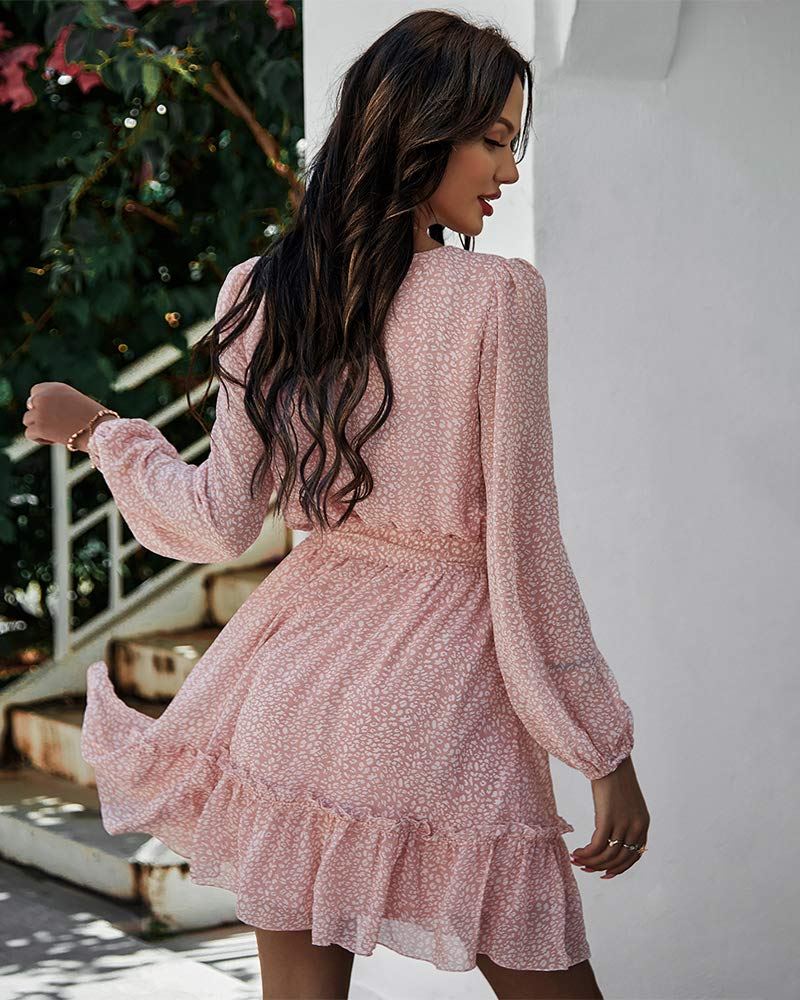Women's Floral Print Ruffle A-Line Mini Dress with Waist Tie - Long Sleeve Round Neck Casual Dress for Spring Summer, Perfect for Date Night, Brunch & Office Wear