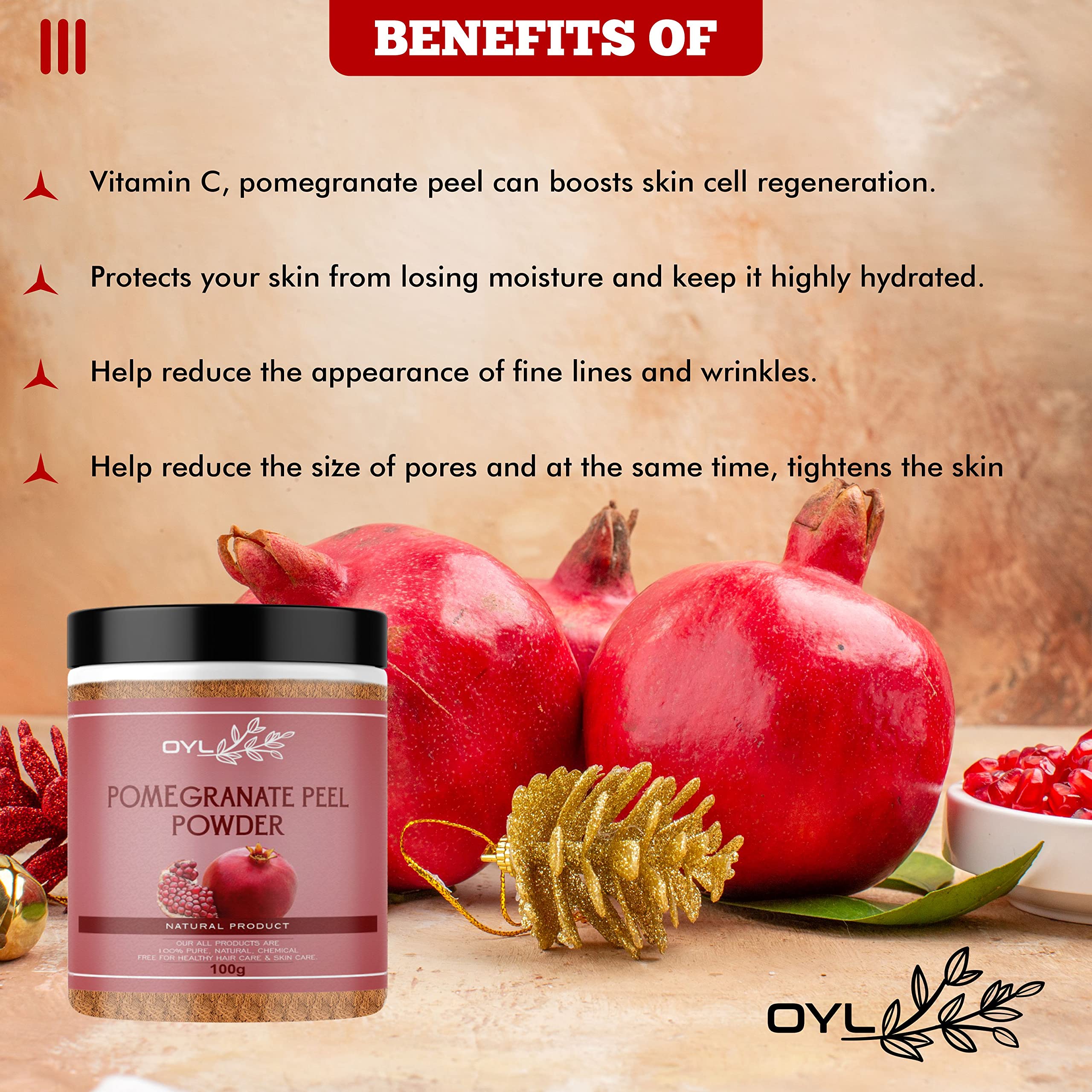 OYL Natural Pomegranate Peel Powder (Anar Powder) - 100% Pure & Chemical Free for Skin Brightening, Acne Treatment, Wrinkle Reduction & Hair Care - 100g | DIY Face Masks, Hair Growth & Natural Beauty Solutions