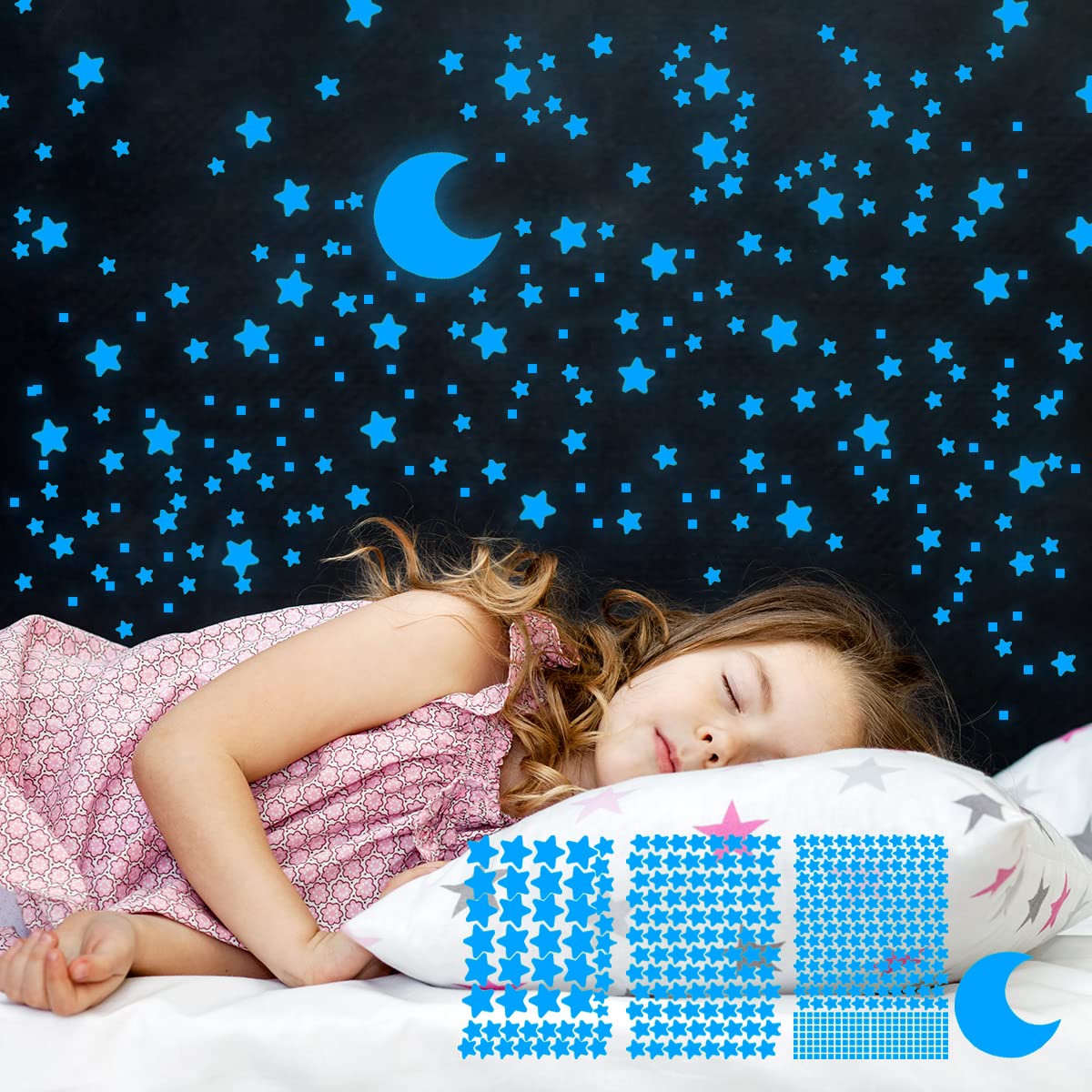Glow in The Dark Stars for Ceiling and Wall - Blue Glow Ceiling Stars for Kids Bedroom Decor, Wall Stickers - Perfect for Nursery, Playroom, and Relaxing Nighttime Ambiance