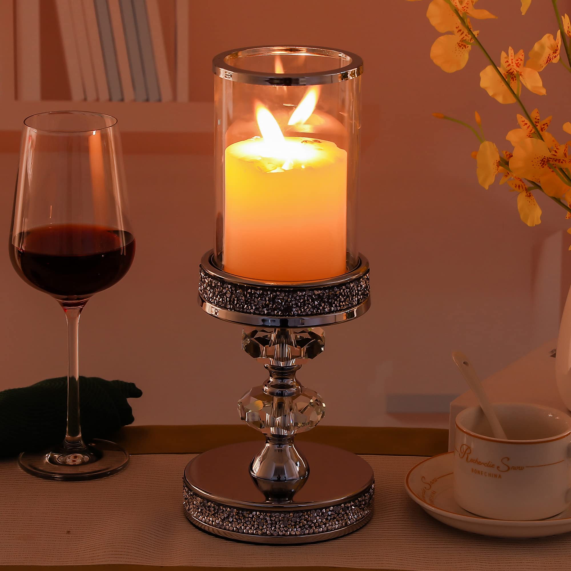 Elegant Crystal Pillar Candle Holders for Home Decor - Wedding & Event Centerpieces, Coffee Table Candlesticks (Set of 2) - Perfect for Romantic Dinners, Spa Relaxation, and Holiday Decorations