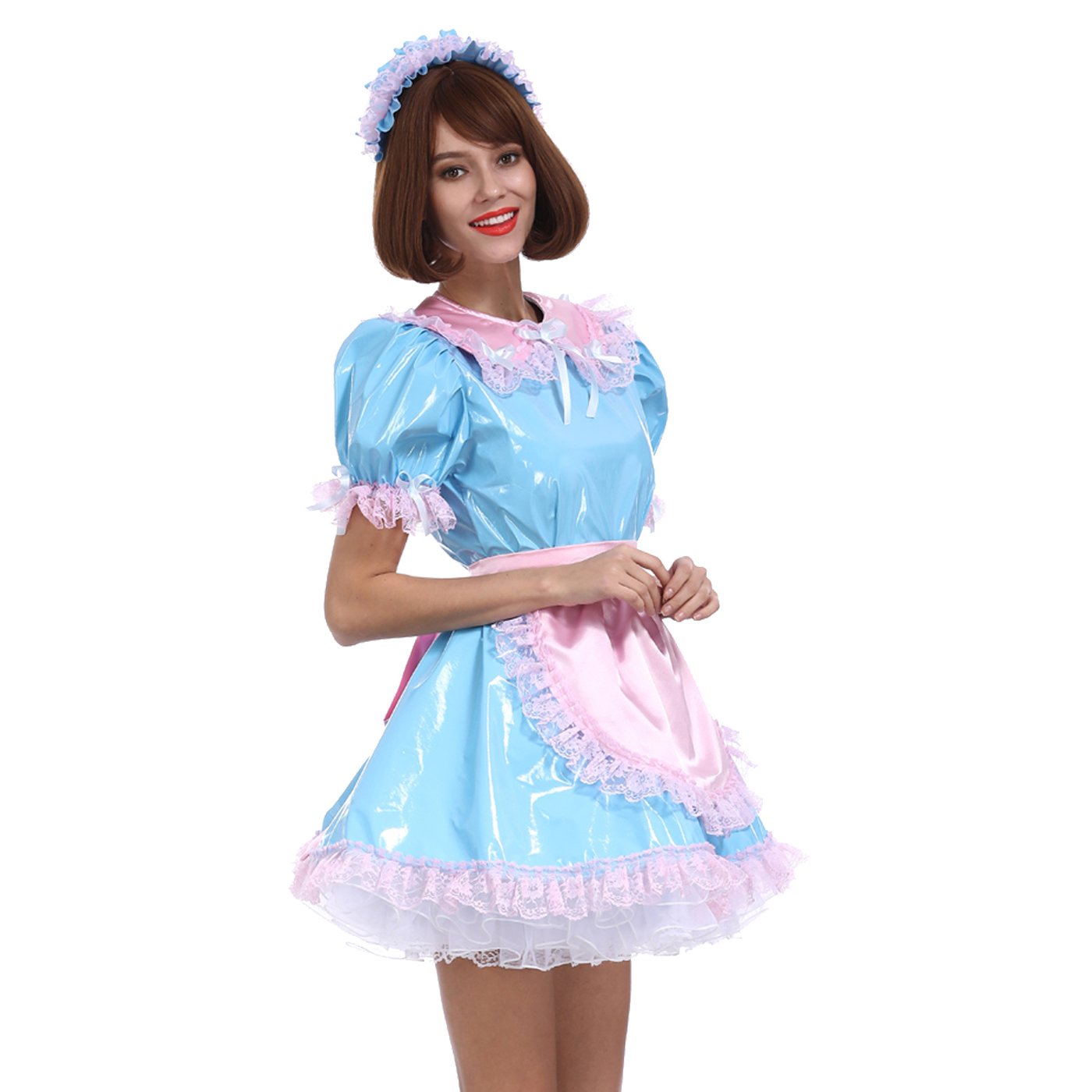 Sexy French Maid Costume for Women - Light Blue PVC Dress Uniform for Cosplay, Halloween & Role Play - Perfect for Parties, Lingerie & Fetish Wear