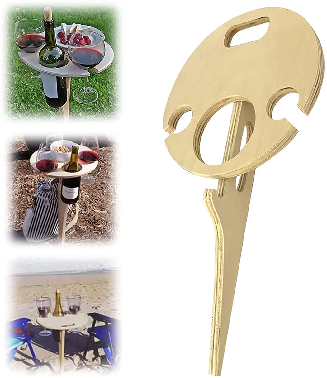 Portable Foldable Outdoor Wine Table with Storage & Beer Bottle Rack - Perfect for Picnics, Backyard Parties, Beach Camping & Backyard Entertainment - Durable Wooden Wine Glass Holder for Outdoor Use