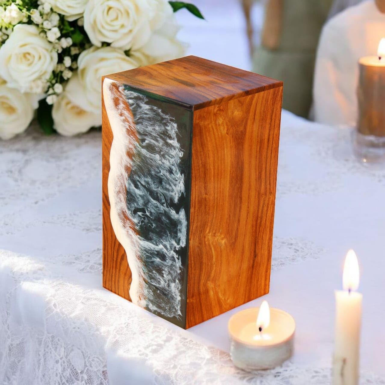 Ocean-Themed Wooden Resin Cremation Urn for Ashes - Handcrafted Coastal Memorial Urn for Adult Male - Perfect for Beach Memorials, Home Display & Celebration of Life Ceremonies