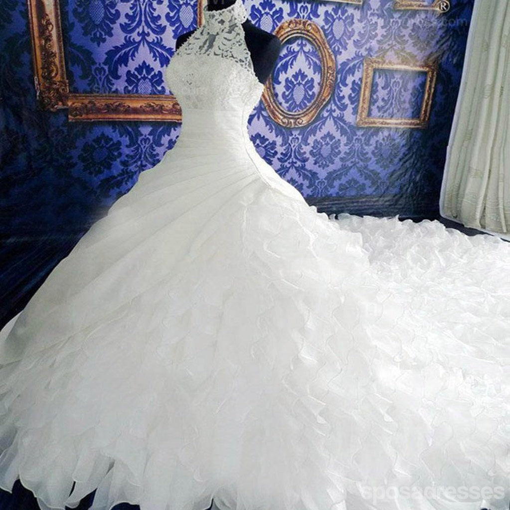 Elegant High Neck White Lace Chiffon Wedding Dress for Bride - Unique Design Bridal Gown WD0019 | Perfect for Church Ceremony, Reception Party & Formal Events