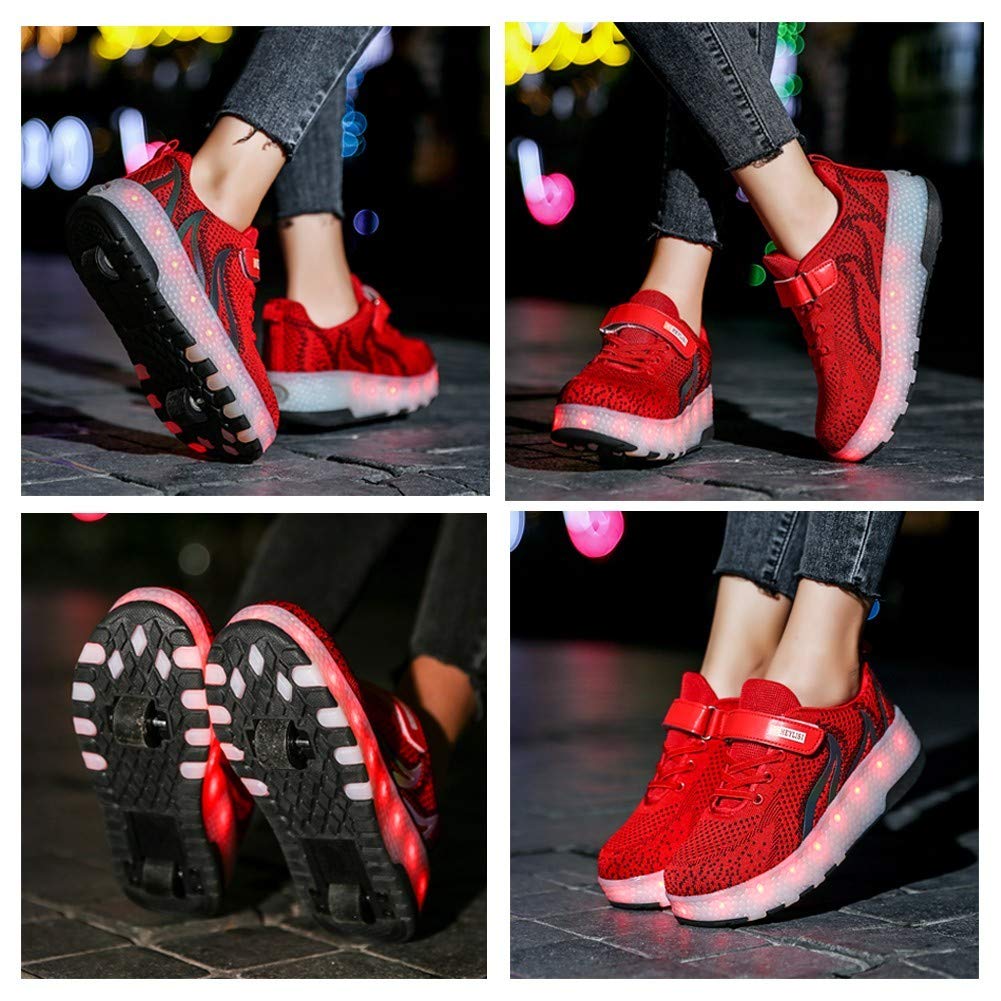 LED Light Up Shoes with Retractable Wheels for Kids - USB Rechargeable Roller Sneakers for Boys & Girls | Beginner Roller Skates | Birthday Gift Idea | Perfect for Outdoor Play, Parties & Sports (Red) - USA Stock