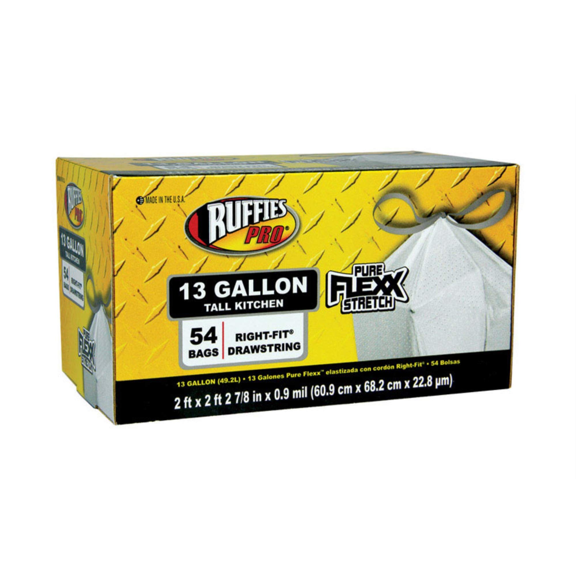 Ruffies Pro Pure Flexx Stretch 13 Gallon Tall Kitchen Trash Bags with Drawstring - 54 Count (Pack of 6, 324 Total Bags) | Heavy Duty, Leak Proof for Kitchen, Office & Home Use