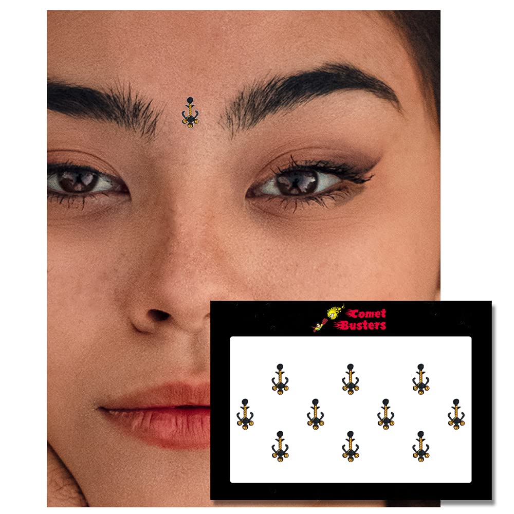 New Comet Busters Black Bindi with Gold Beads (BV752) - Traditional Indian Forehead Jewelry for Weddings, Festivals & Special Occasions