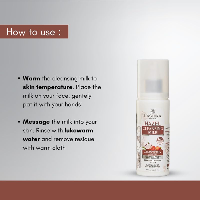 Lashika Hazel Cleansing Milk with Hazelnut, Coconut Oil, Jojoba, Olive Oil & Almond Oil - Natural Makeup Remover & Face Cleanser for Sensitive Skin (100ml) | Gentle Daily Cleansing for Dry & Oily Skin Types
