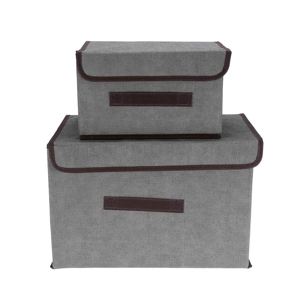 2-Pack Foldable Linen Storage Boxes with Lids - Organizer Containers with Handles for Clothes, Books & Toys (Gray) | Perfect for Bedroom, Closet & Kids Room Organization