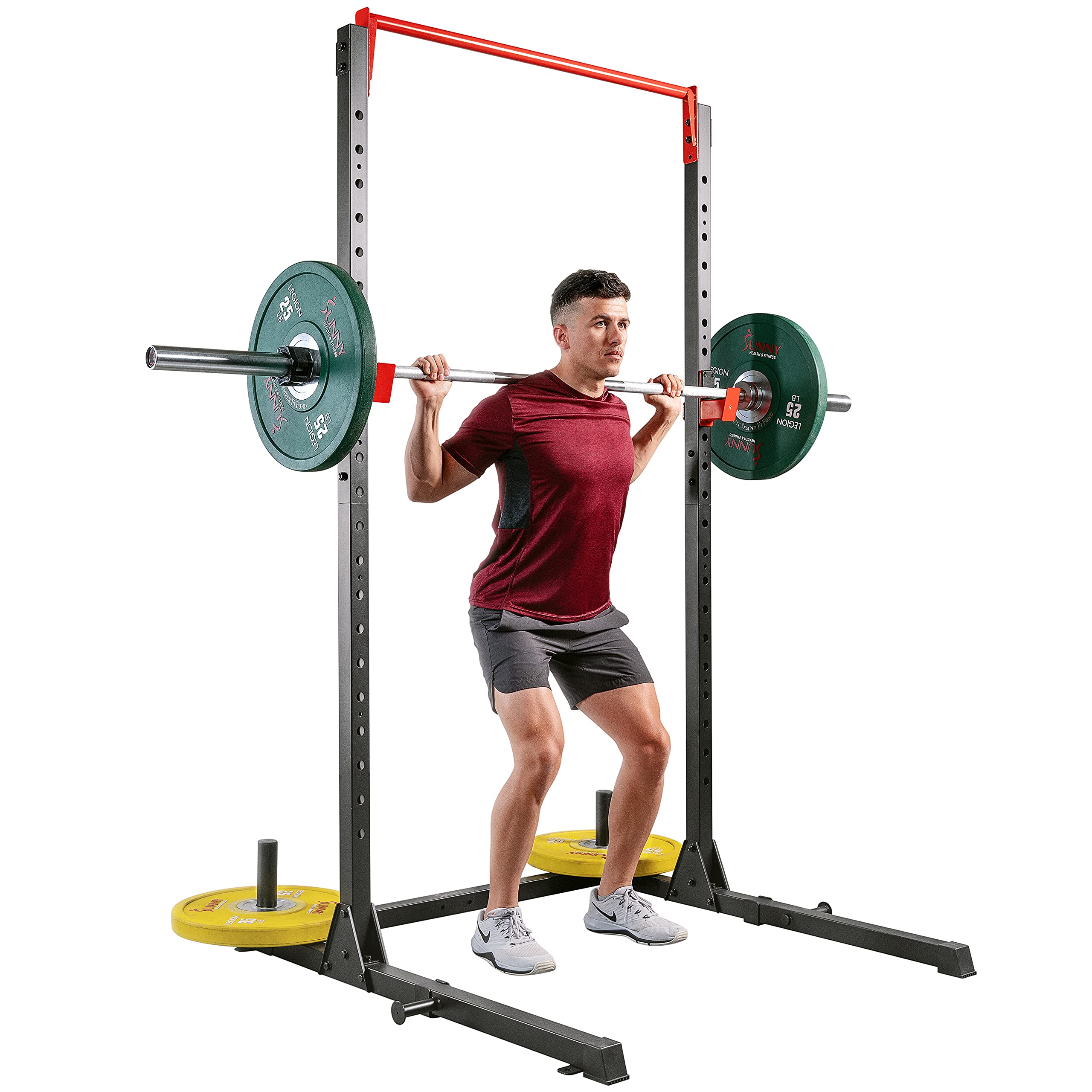 Sunny Health & Fitness Power Cage & Squat Rack - Heavy Duty 1000lb Capacity with J-Hooks, Adjustable Pull-Up Bar, Weight Plate Holders & Resistance Band Posts - Perfect for Home Gym Strength Training & Weightlifting Workouts