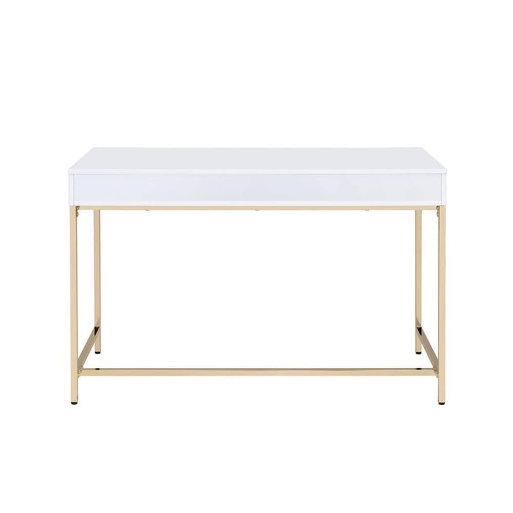 Acme Ottey 2-Drawer White High Gloss Vanity Desk with Gold Metal Legs - Perfect for Bedroom Makeup & Dressing Table, Home Office Workspace