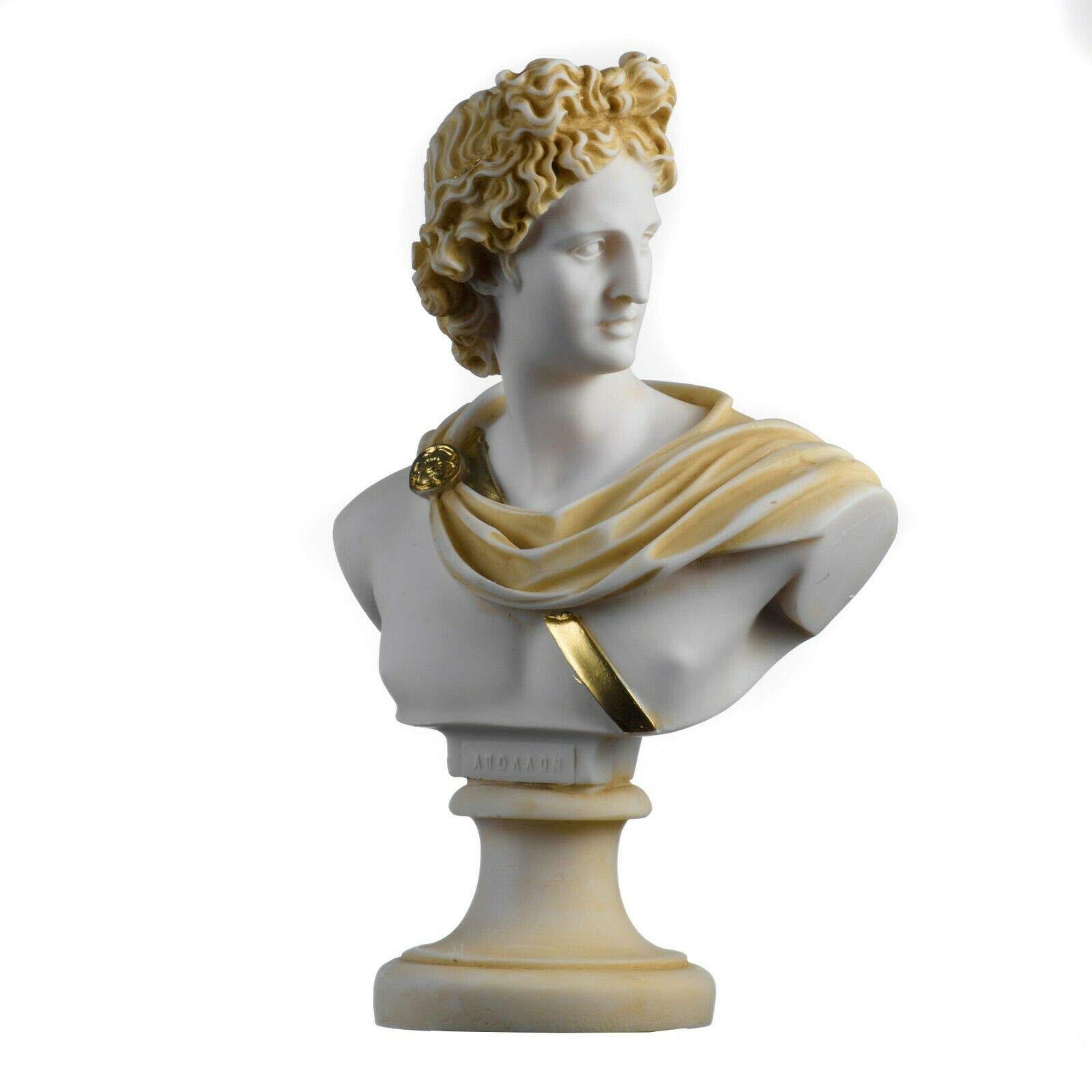 Apollo Greek God of Music Poetry & Art Alabaster Stone Bust Sculpture with Gold Tone - 8.66