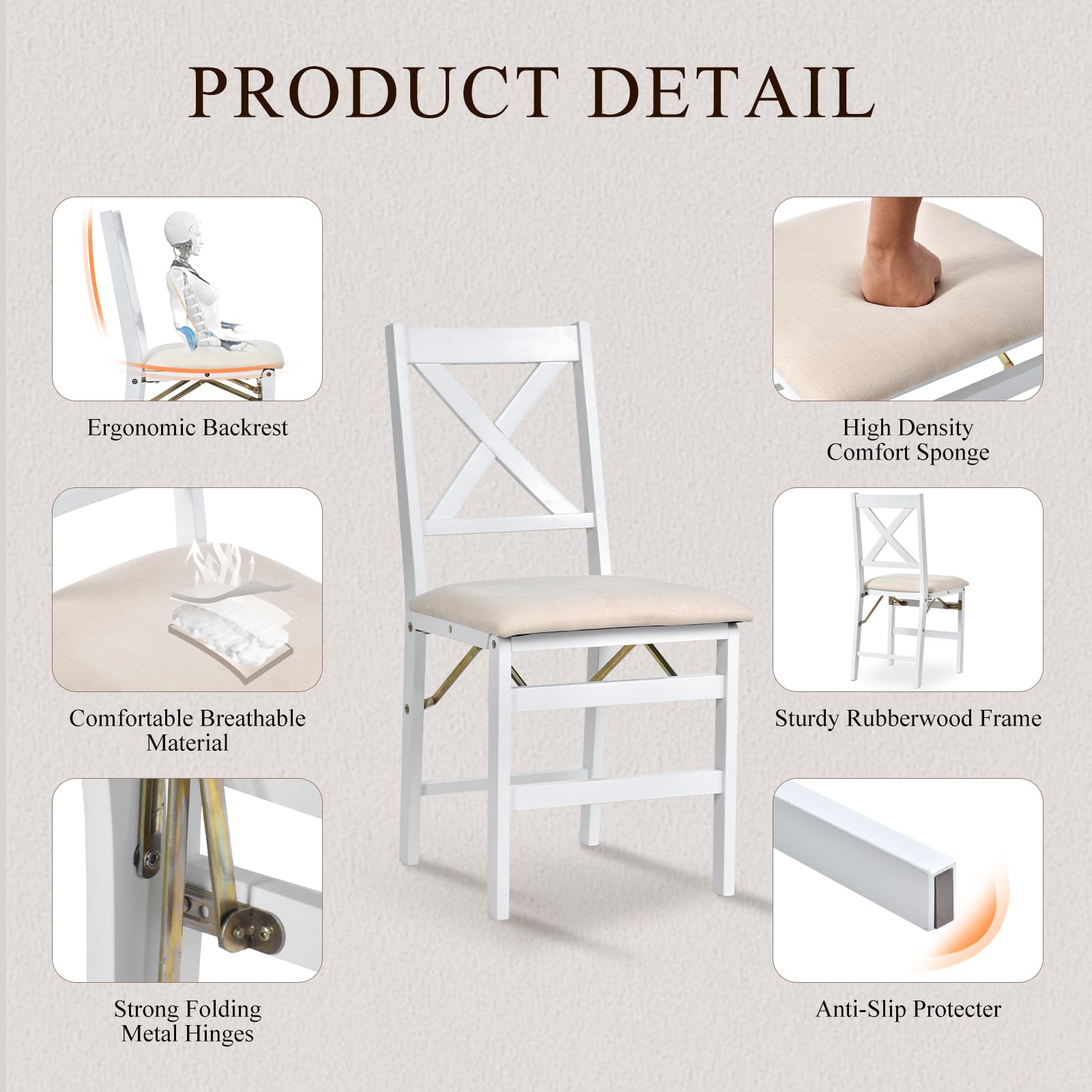COLAMY Set of 2 Folding Dining Chairs with Padded Seats - Wooden Foldable Chairs for Kitchen, Dining Room, Party & Camping - Space Saving White Chairs for Small Spaces & Outdoor Events