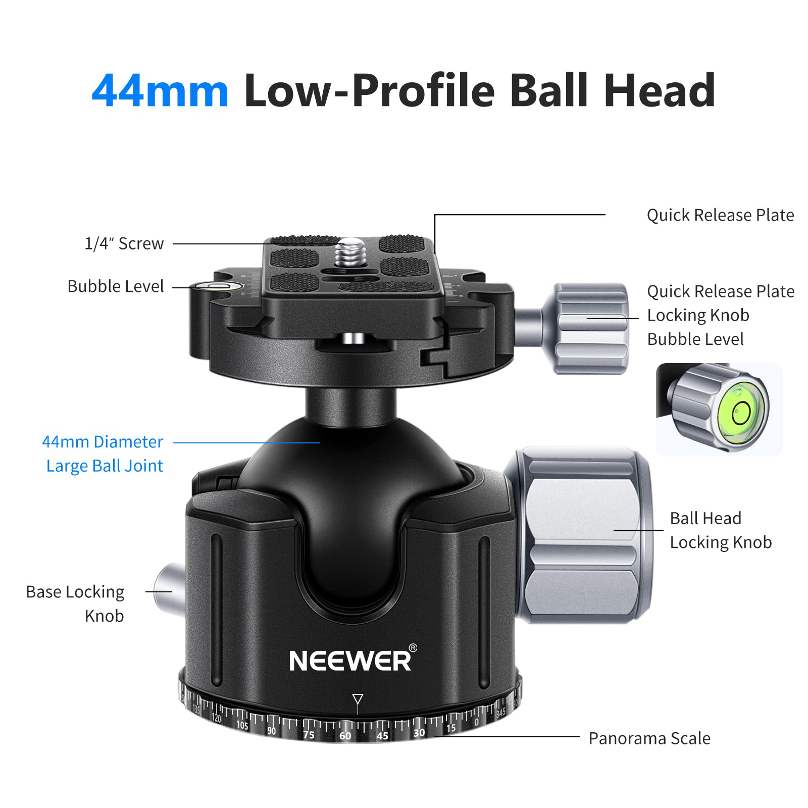 Neewer 44mm All Metal Low Profile DSLR Tripod Ball Head with Quick Release Plate - Heavy Duty 55lb Load for DSLR Cameras, Camcorders, Monopods - Perfect for Travel Photography, Vlogging & Studio Shoots
