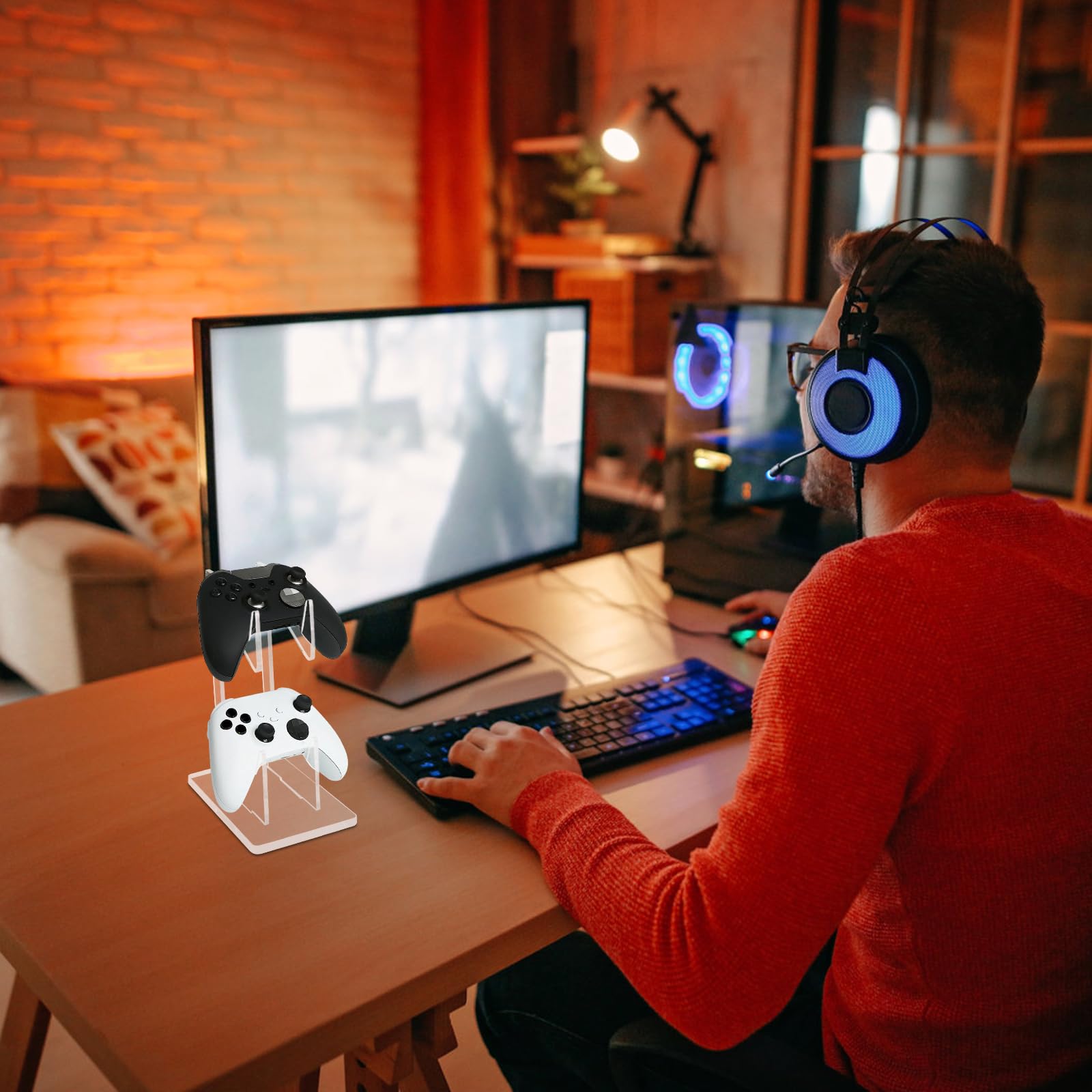 Daelesr Acrylic Universal Game Controller Stand & Headset Holder - 2-Tier Organizer for PS5, Xbox, Nintendo Switch Controllers & Gaming Headsets - Perfect for Gaming Setup, Office Desk & Home Entertainment System