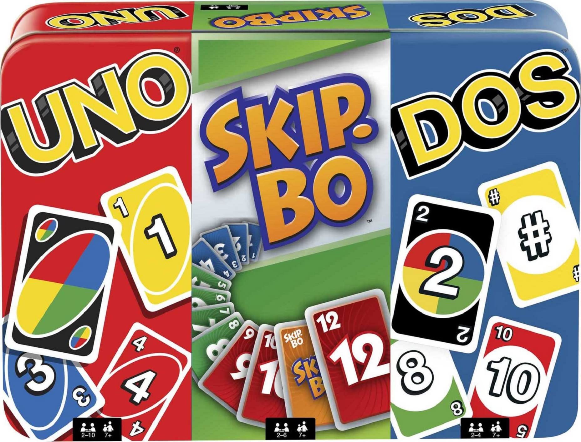 Mattel Games Set of 3 Classic Card Games - UNO, Skip-Bo & DOS | Family Travel Games for Kids & Adults | Portable Storage Tin Box | Perfect for Road Trips & Family Game Nights