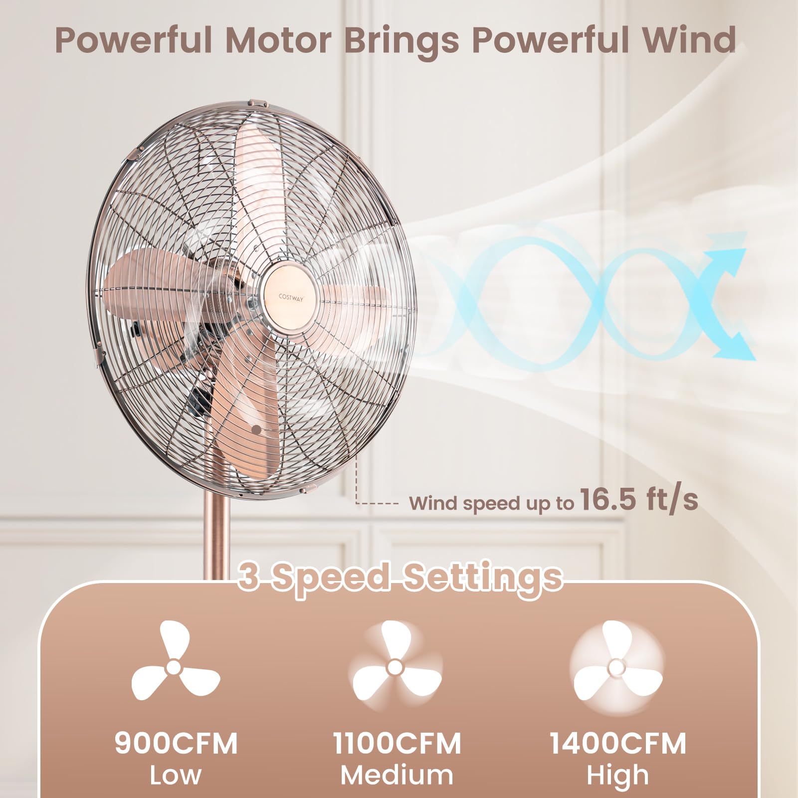 COSTWAY 16-inch Metal Pedestal Fan - Quiet High Velocity Standing Fan with 75° Oscillation, 3 Speed Settings & Adjustable Height - 4 Blade Floor Fan for Bedroom, Home Office, Shop & Outdoor Use - Durable Copper Motor