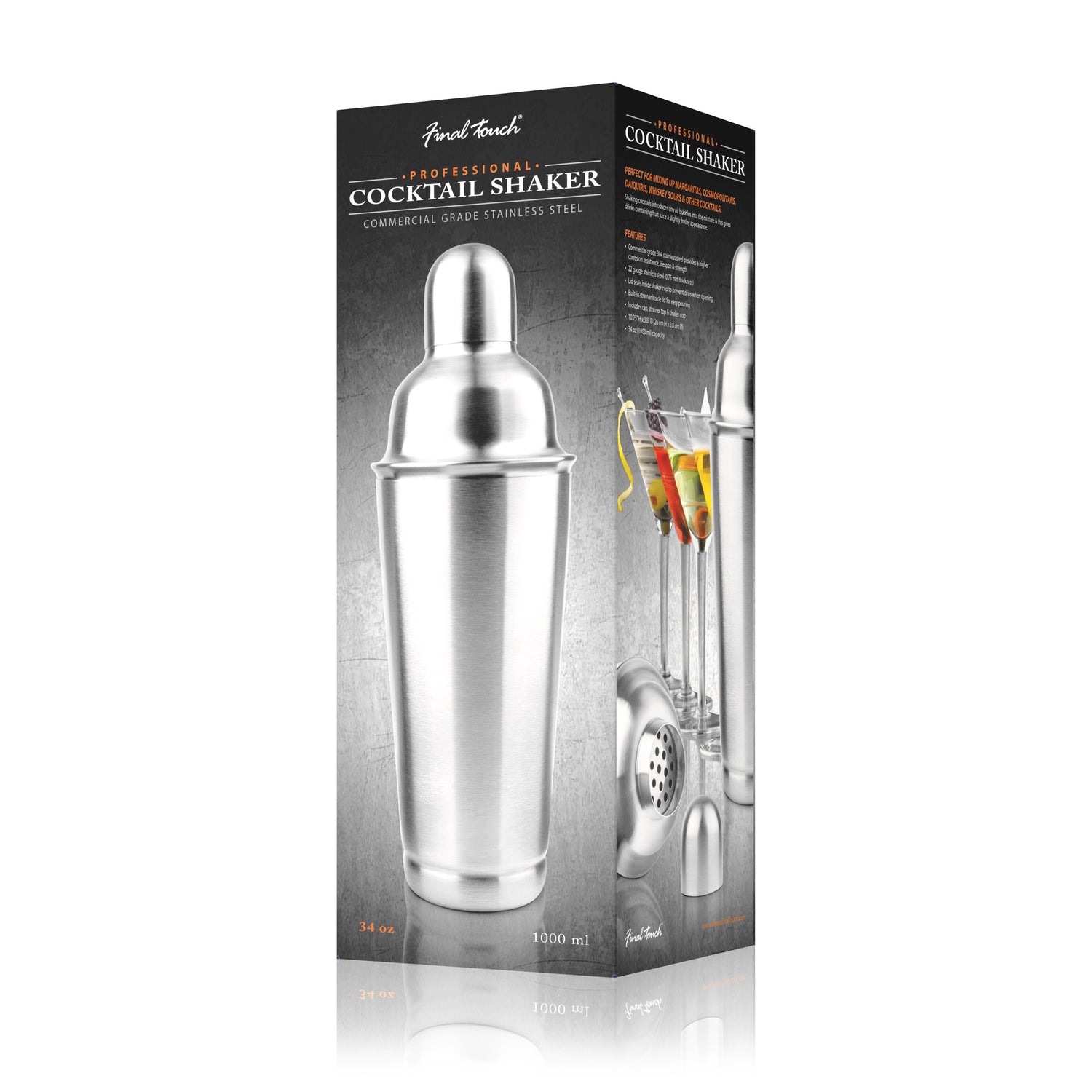 Final Touch Professional 34oz Cocktail Shaker Set - Premium Stainless Steel Bar Mixing Tools for Home & Commercial Use - Perfect for Margaritas, Martinis & Cocktail Parties