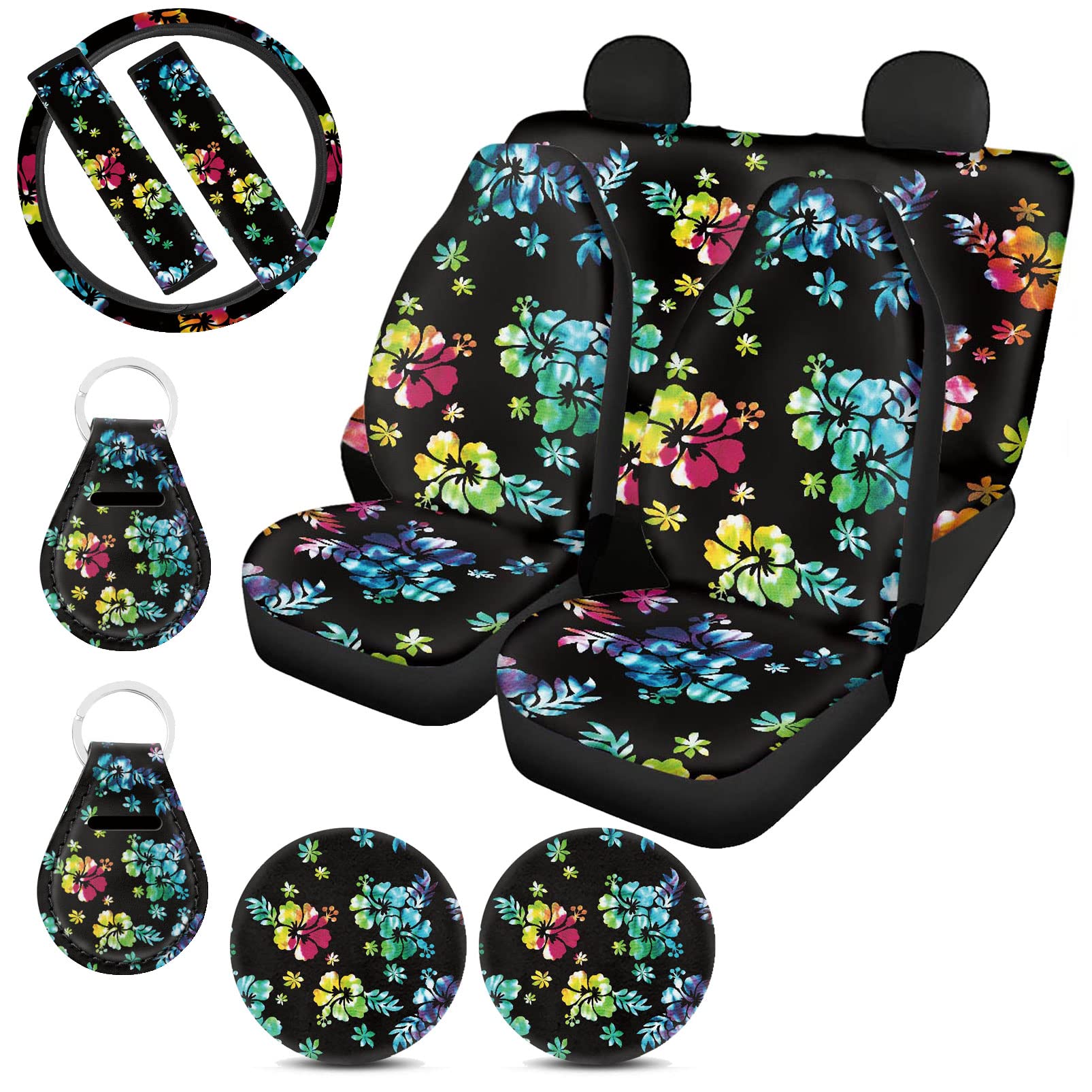 Hibiscus Car Accessories for Women - Full Set Hawaiian Floral Car Seat Covers, Steering Wheel Cover, Seat Belt Pads & Coasters with Keychain - Universal Fit for SUVs & Vehicles - Perfect for Beach Trips & Summer Road Travel
