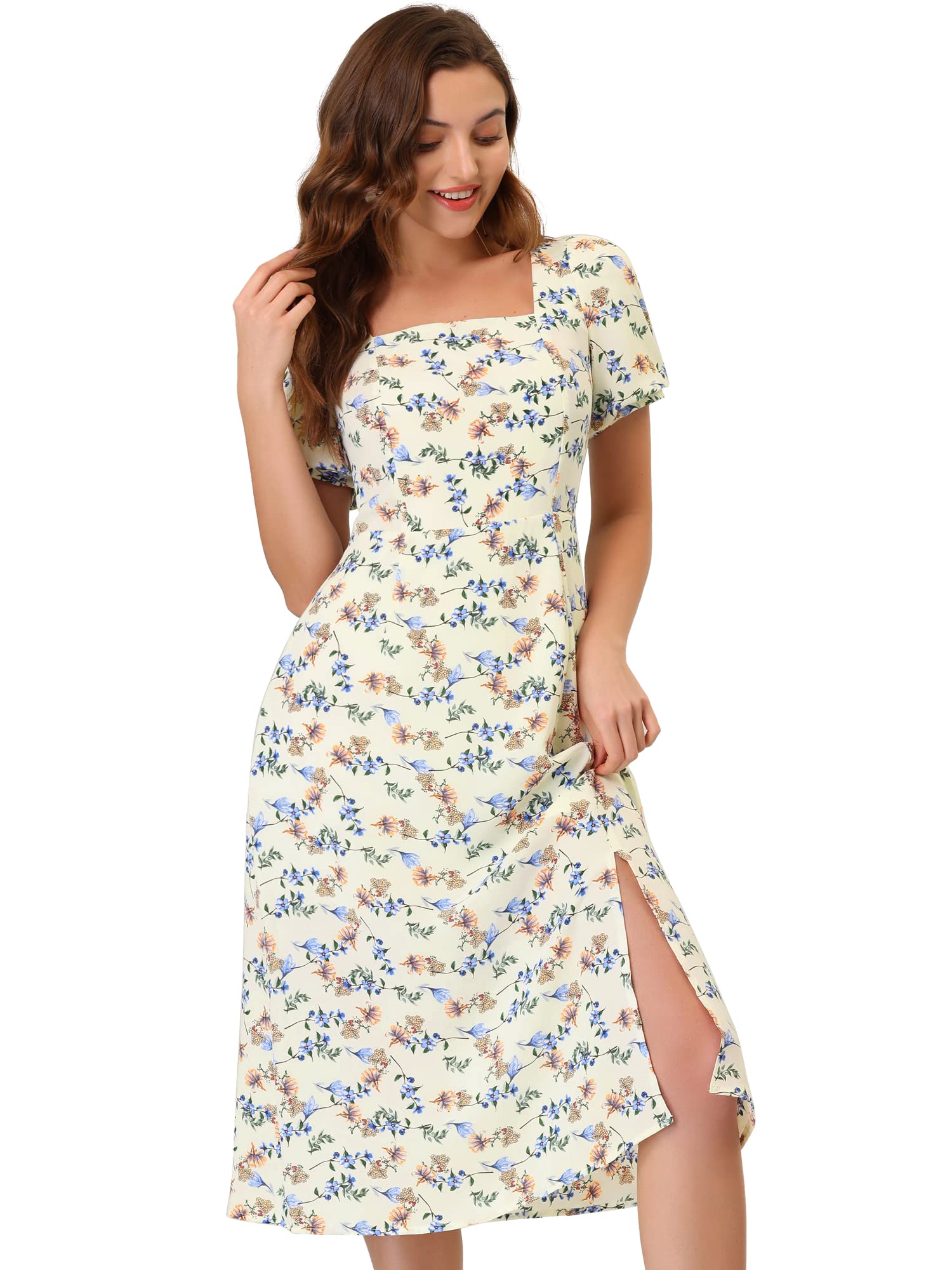 Allegra K Women's Floral Summer Dress - Square Neck, Puff Sleeve, Midi Length with Side Slit | Perfect for Beach Vacations, Garden Parties & Date Nights