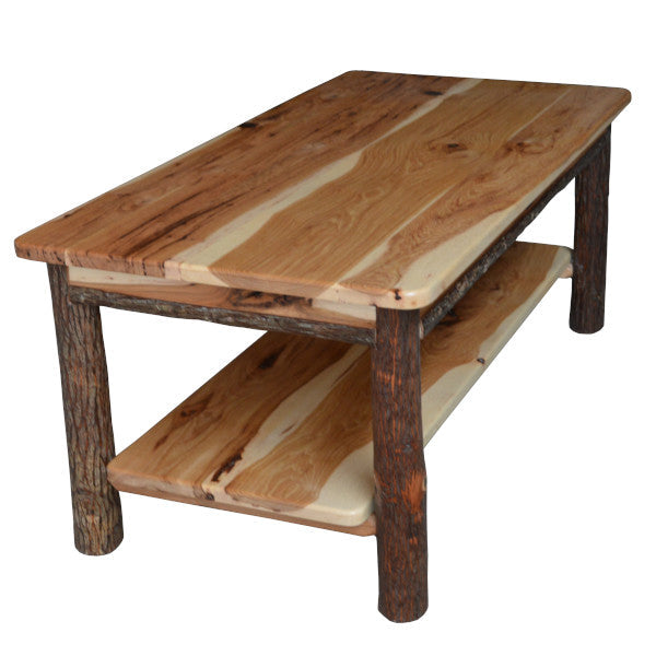 Solid Hickory Wood Coffee Table with Storage Shelf - Rustic Farmhouse Living Room Furniture for Home Decor & Relaxation