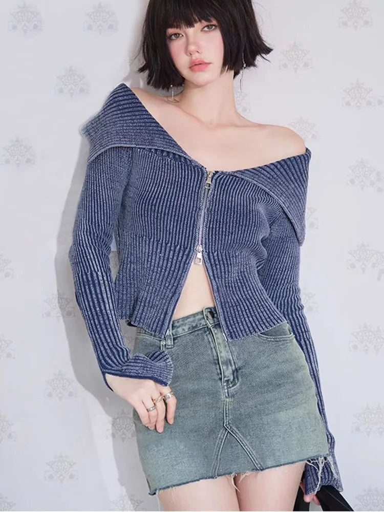 Y2K Knitted Women's Cardigan Sweater - Slim Fit Cropped Top with Turn-Down Collar & Double Zippers | Fall Fashion for Casual Outfits, Date Nights & Streetwear Looks