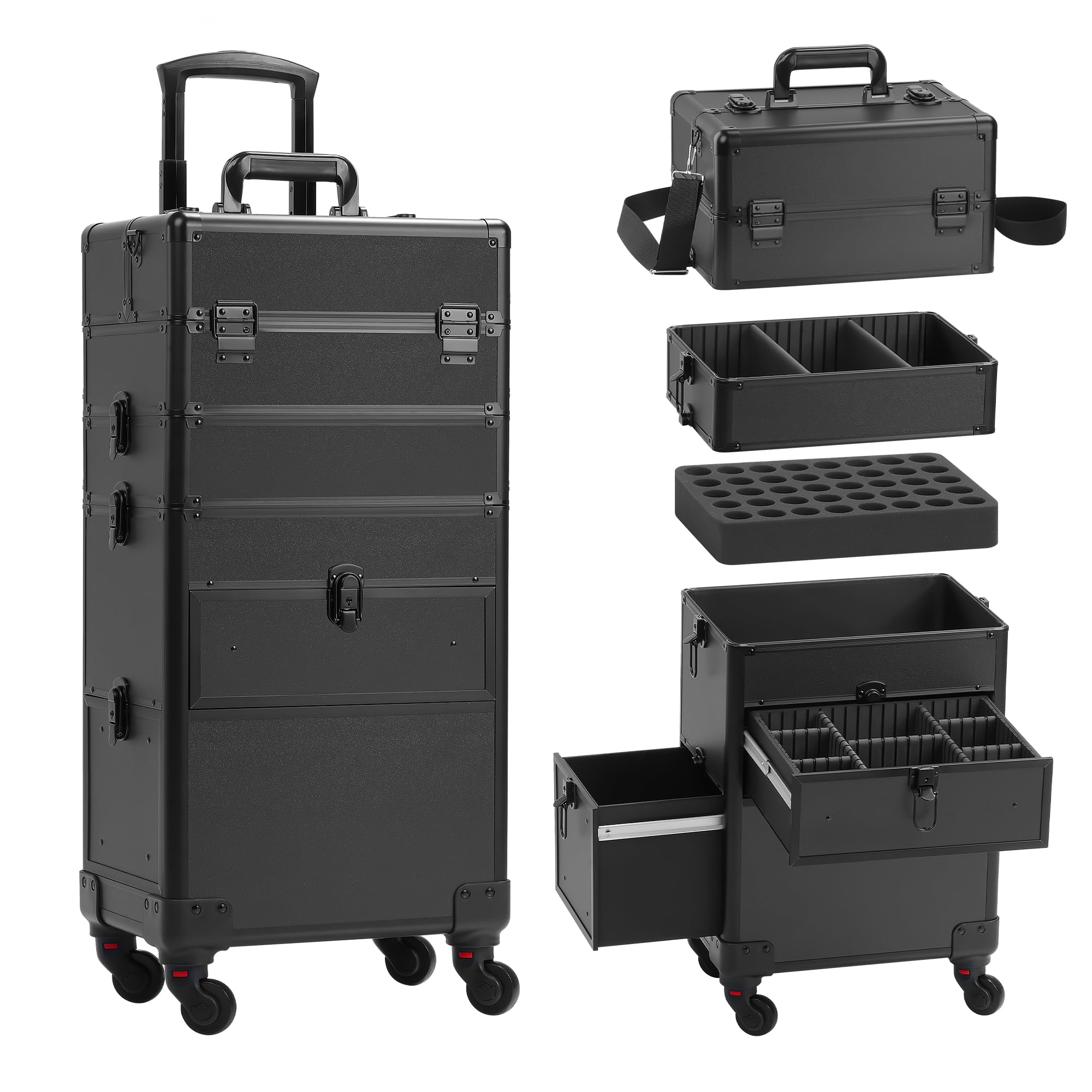4 in 1 Rolling Makeup Case with Wheels & Drawers - Professional Cosmetic Organizer for Salon, Barber & Travel - Bright Black - Perfect for Mobile Stylists & On-the-Go Beauty Professionals