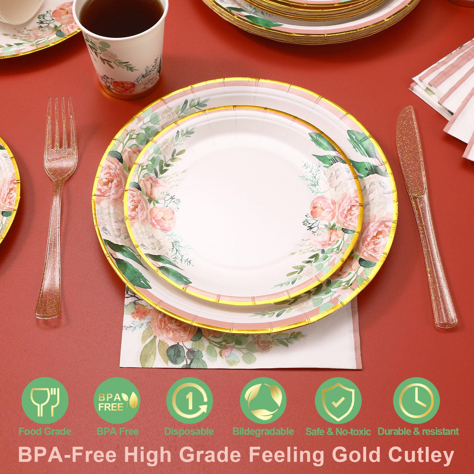 Floral Party Supplies Set for 24 Guests - Disposable Dinner Plates, Cups, Cutlery & Napkins | Perfect for Bridal Shower, Baby Shower, Birthday & Tea Party Decorations