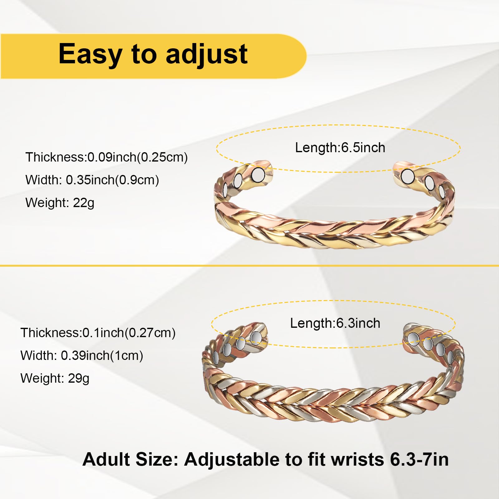 99% Pure Copper Adjustable Tricolor Gold Braided Bracelet for Women - Handmade Jewelry Gift Set (1004,0932) - Perfect for Daily Wear, Yoga, Meditation & Healing Therapy