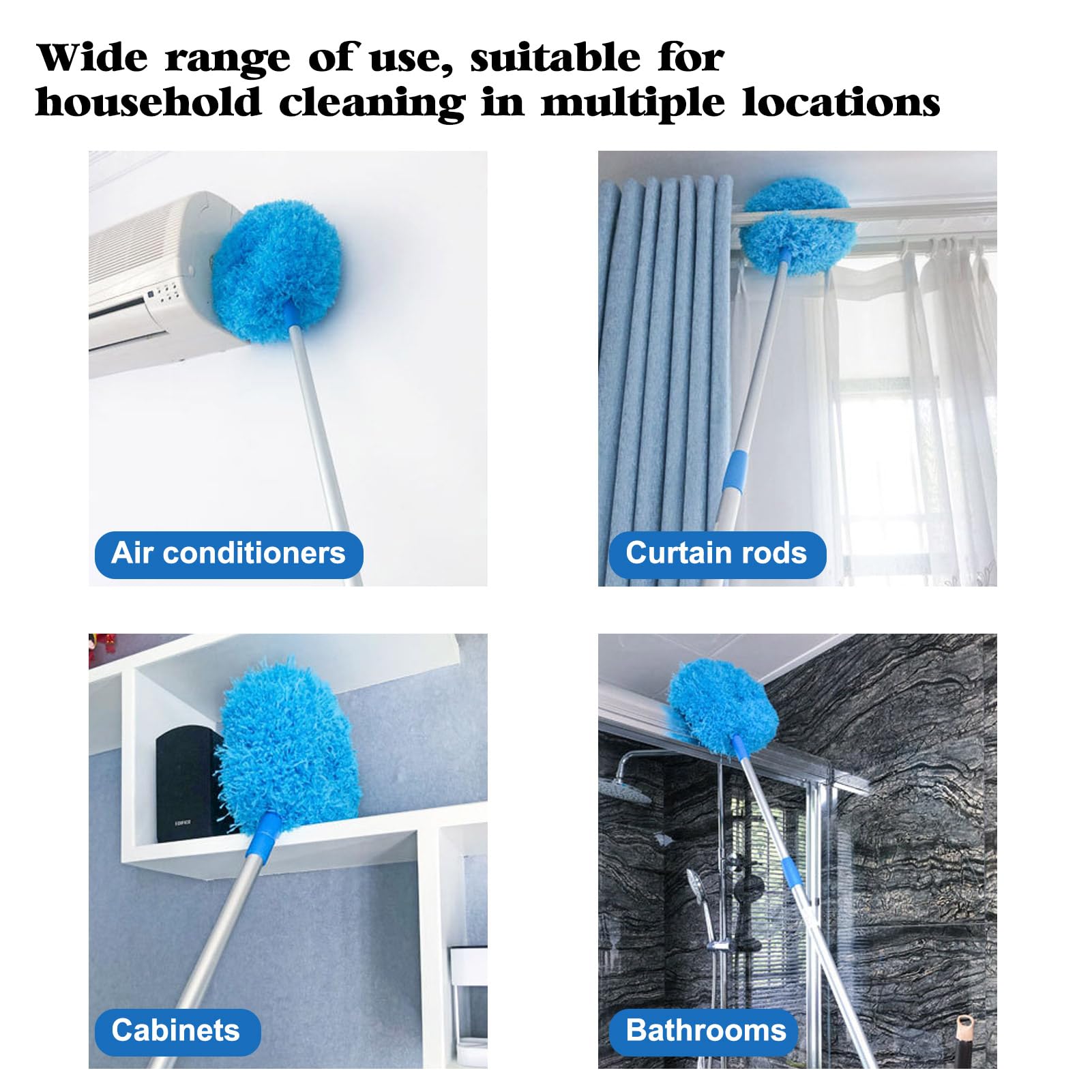 Microfiber Ceiling Fan Duster with Adjustable Extension Handle (13-57.1 in) - Washable & Removable Fuzzy Fan Cleaner for Walls, Doors, Bookshelves & Windows | Perfect for Home, Office & Hard-to-Reach Areas Cleaning - Blue