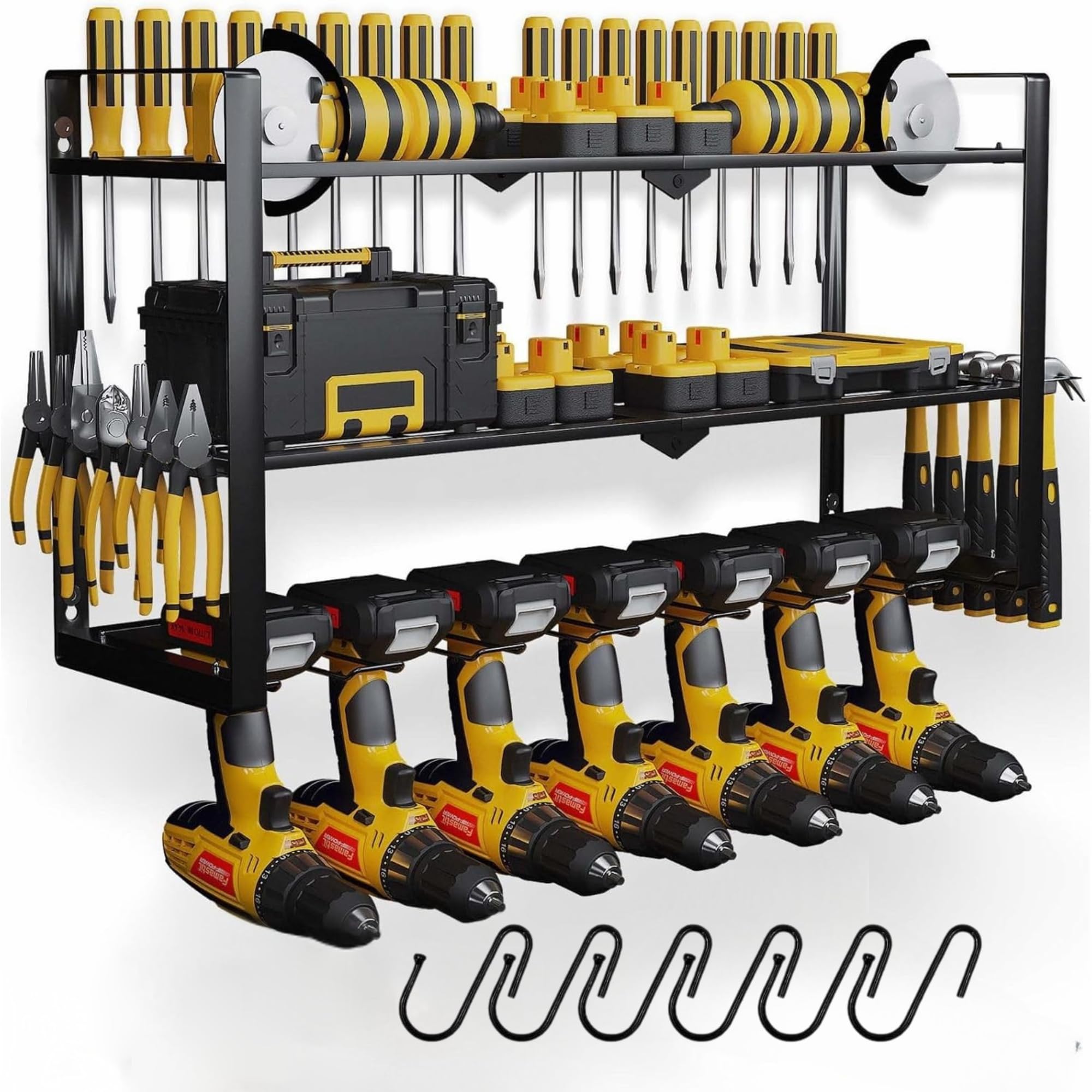 Heavy Duty 3-Tier Wall Mount Drill Holder & Power Tool Organizer - Metal Cordless Drill Storage Rack for Workshop, Garage & DIY Projects (Holds 7 Drills & Accessories) - Perfect for Tool Organization & Space Saving in Home Workshops & Professional Garages
