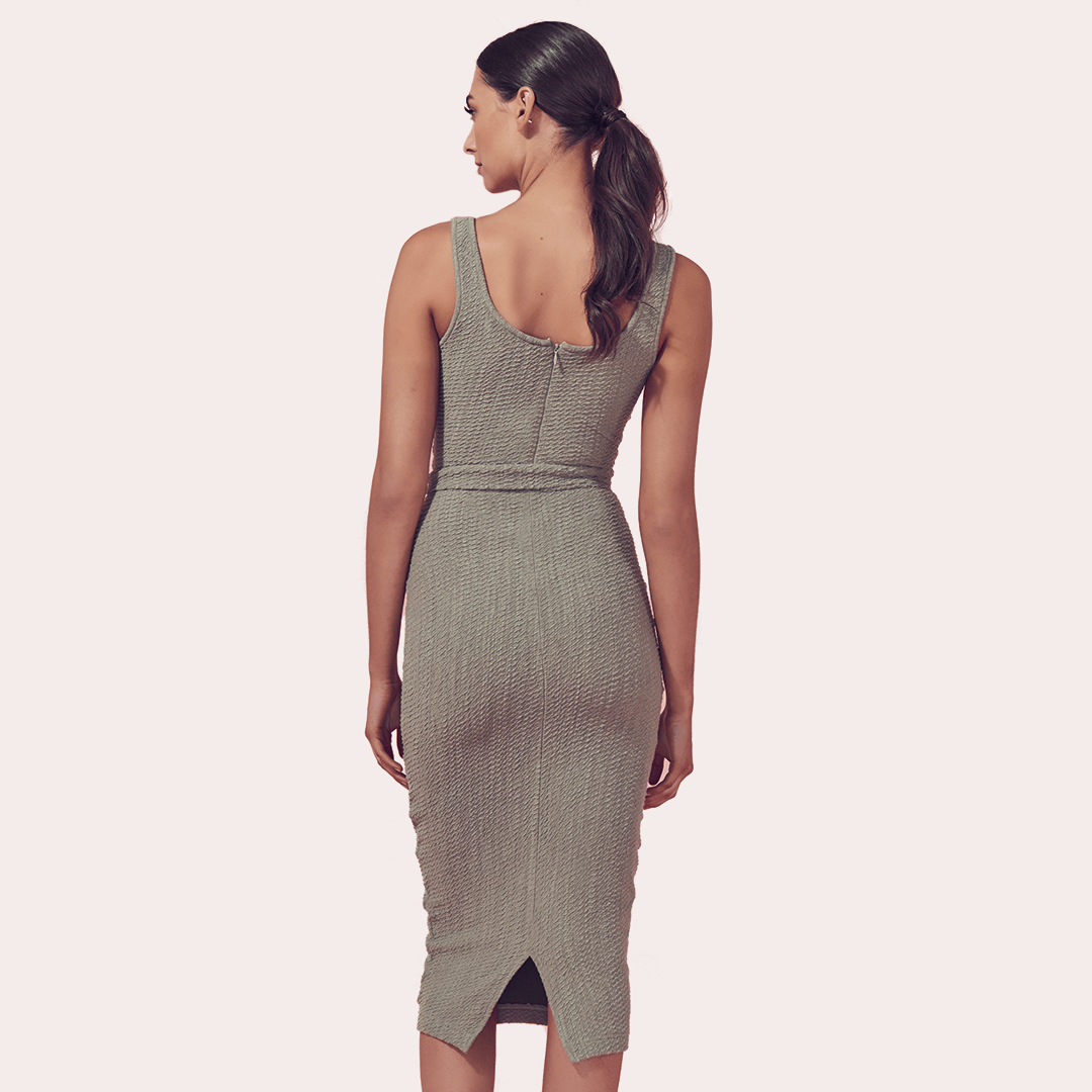 AINE Women's Khaki Sleeveless Bodycon Midi Dress - Slim Fit Stretchy Party Cocktail Dress for Night Out, Date Night & Summer Vacation
